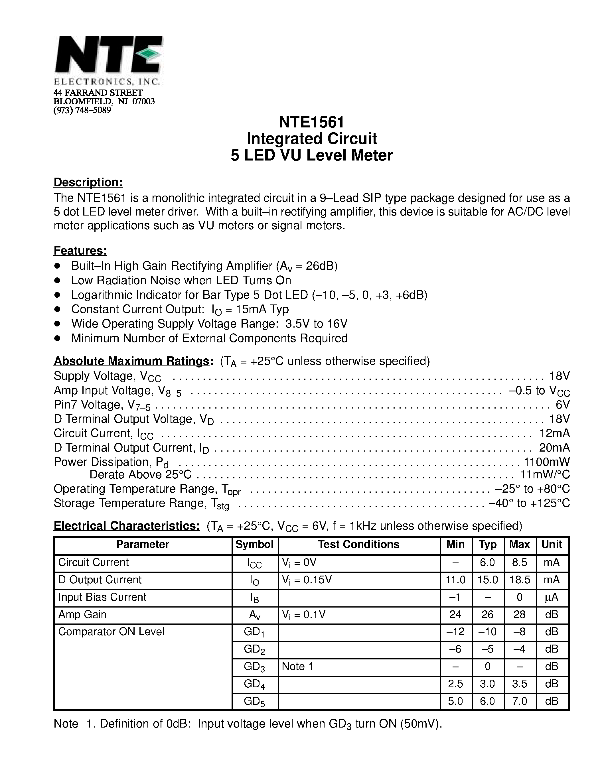 Datasheet NTE1561 - Integrated Circuit 5 LED VU Level Meter page 1