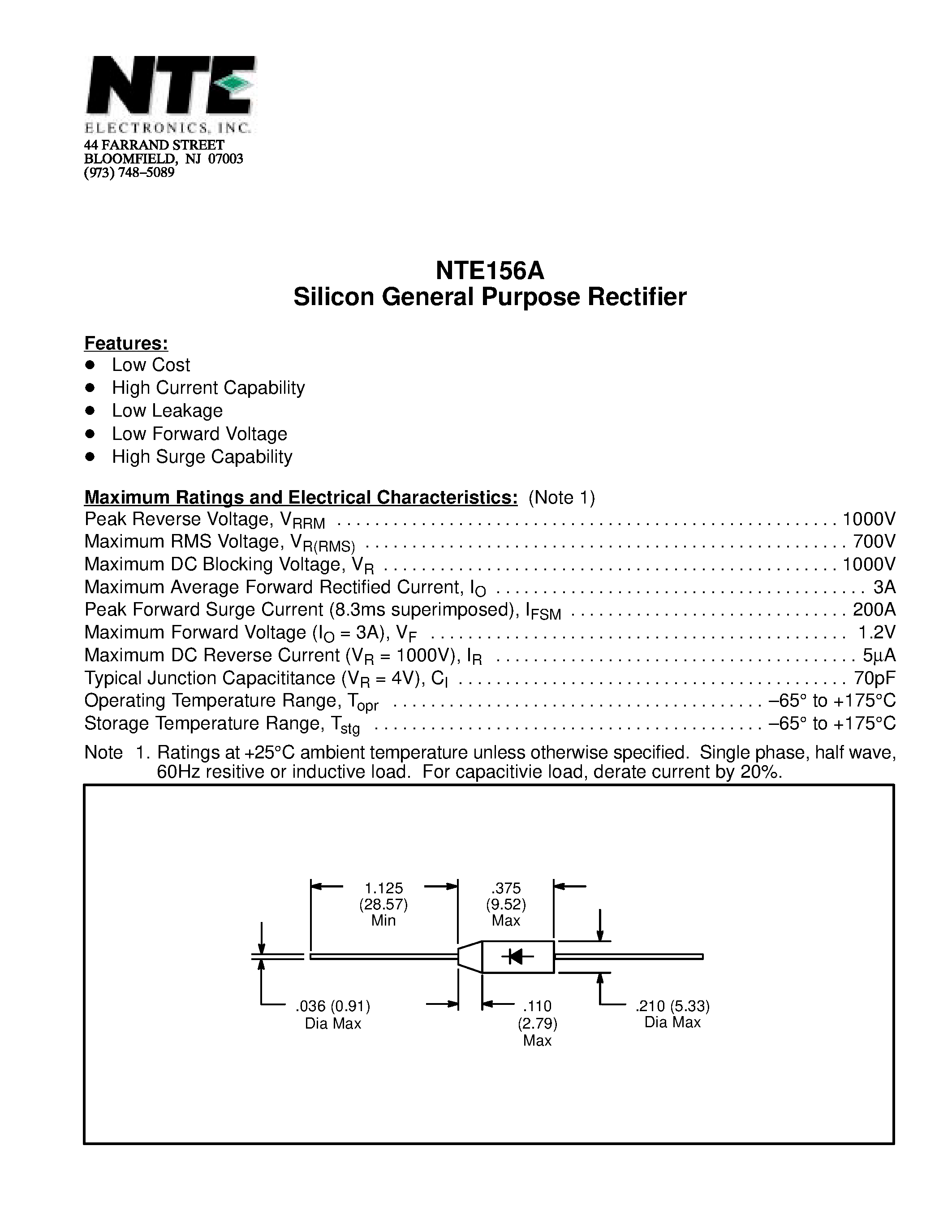 Даташит NTE156A - Silicon General Purpose Rectifier страница 1