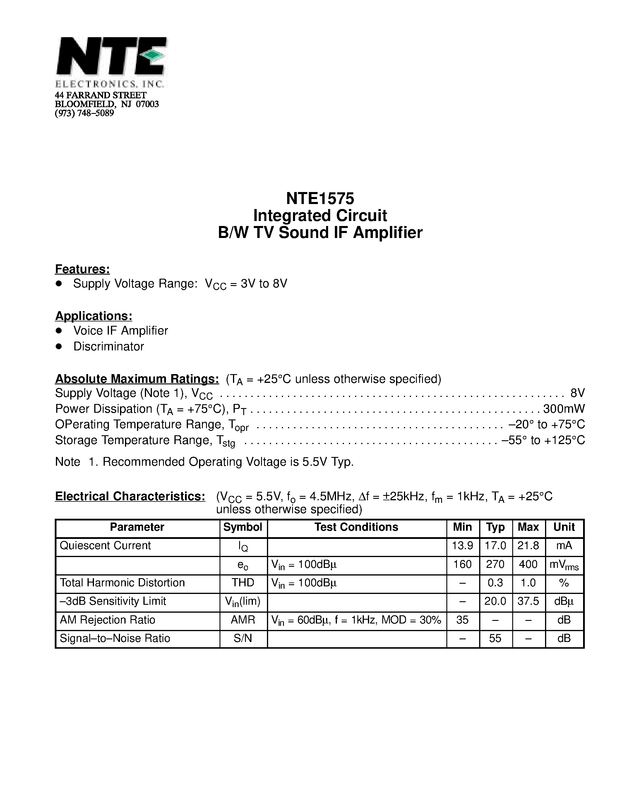 Datasheet NTE1575 - Integrated Circuit B/W TV Sound IF Amplifier page 1