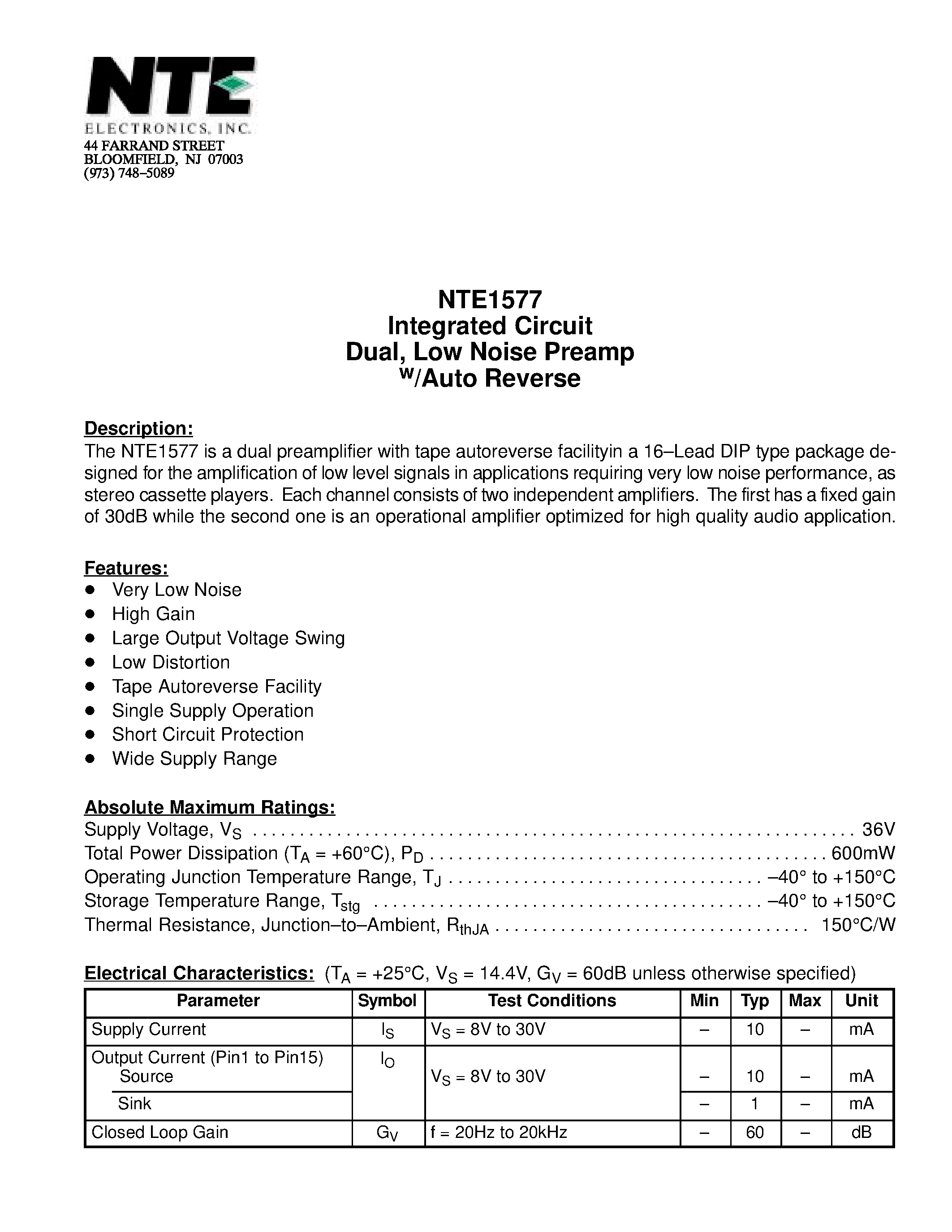 Даташит NTE1577 - Integrated Circuit Dual / Low Noise Preamp w/Auto Reverse страница 1