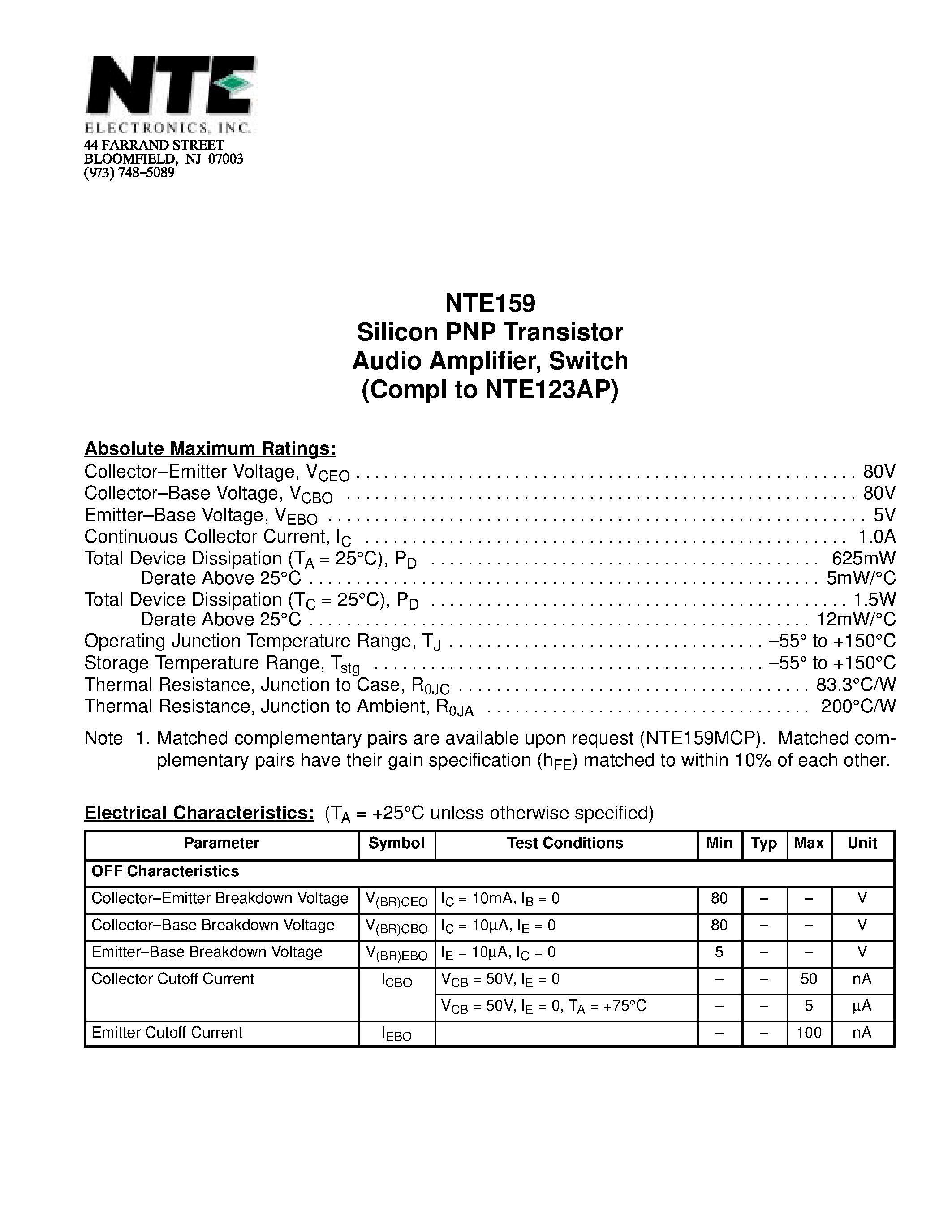 Datasheet NTE159 page 1 Datasheet NTE159 - Silicon PNP Transistor Audio Amplifier / Switch (Compl to NTE123AP) page 1