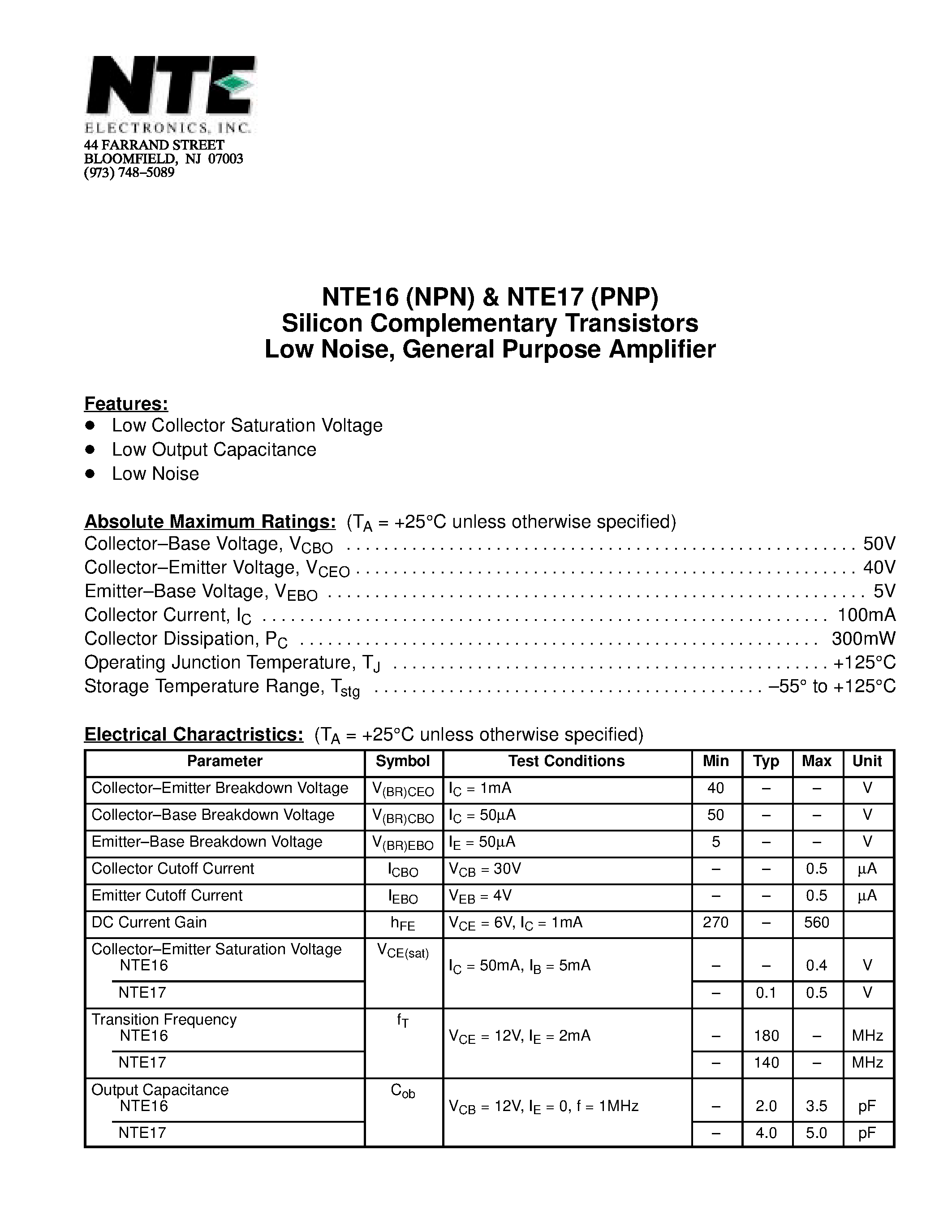 Datasheet NTE16 - Silicon Complementary Transistors Low Noise / General Purpose Amplifier page 1