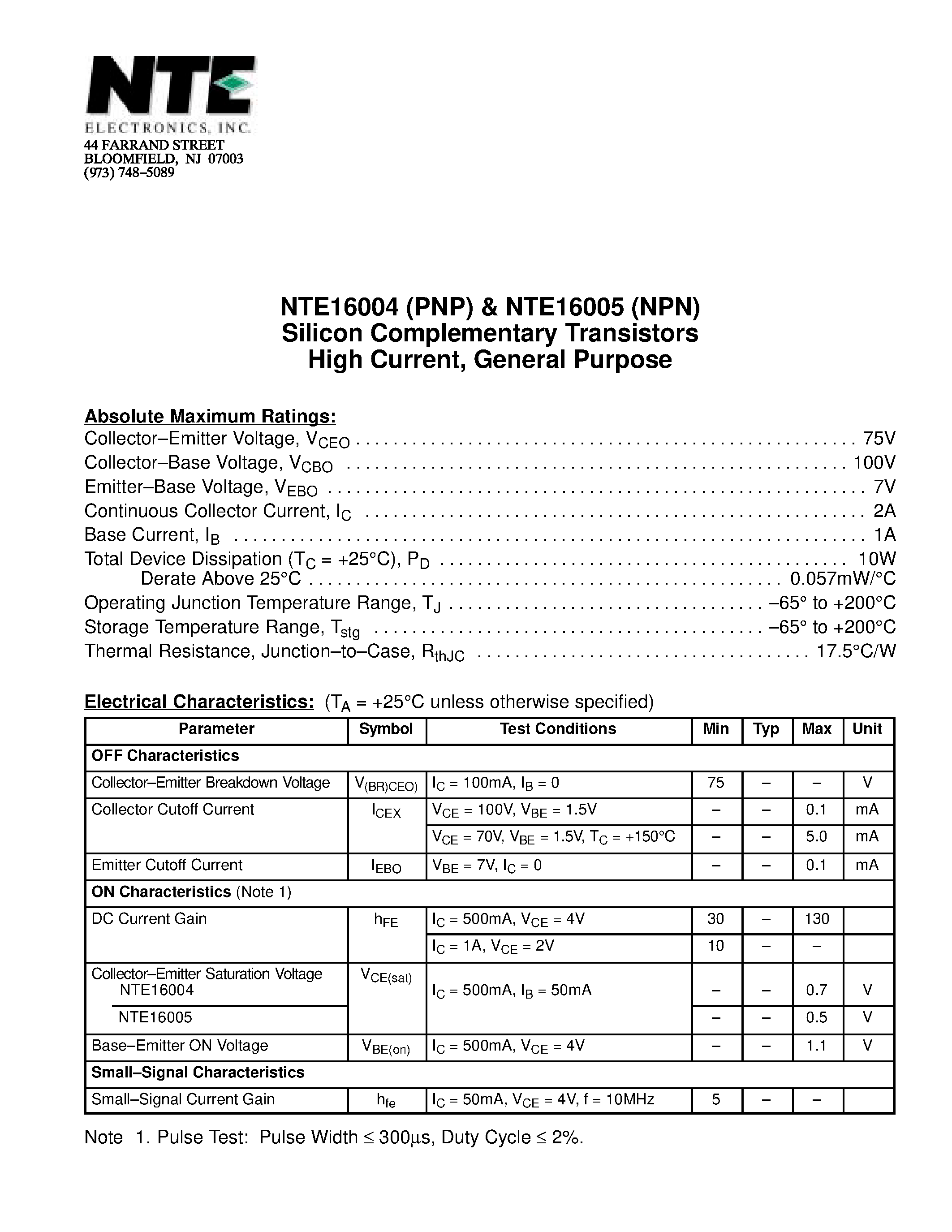 Datasheet NTE16004 - Silicon Complementary Transistors High Current / General Purpose page 1