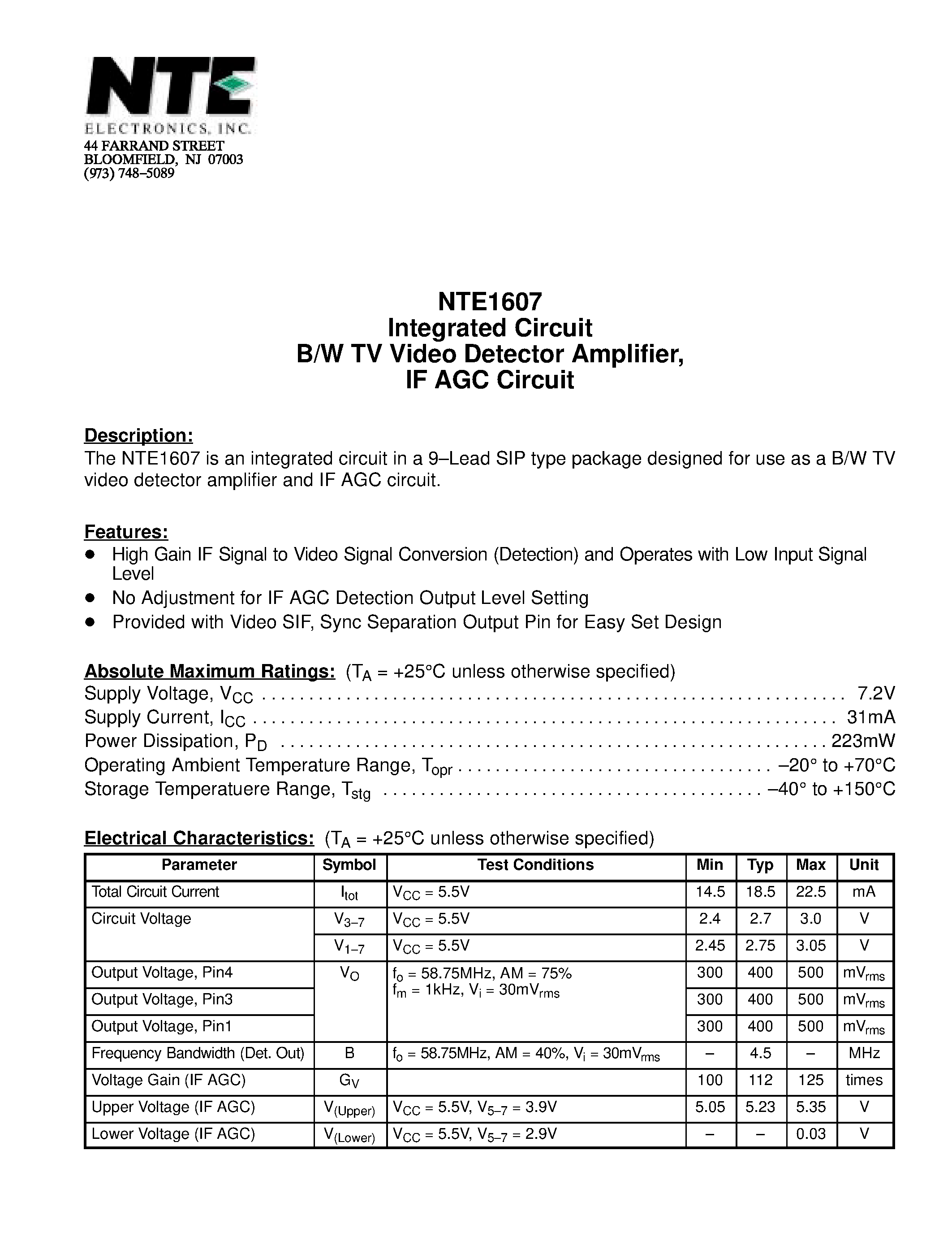 Datasheet NTE1607 - Integrated Circuit B/W TV Video Detector Amplifier / IF AGC Circuit page 1