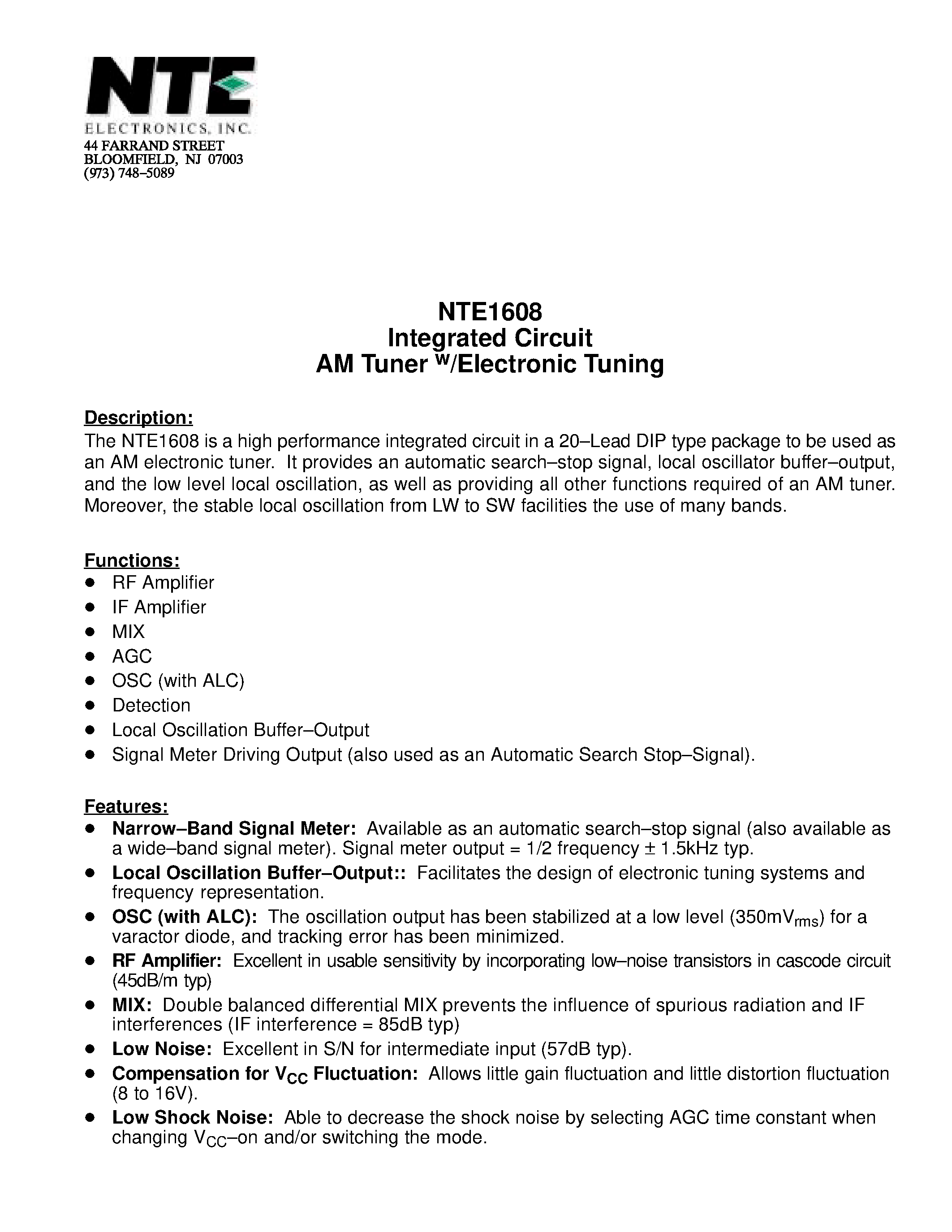 Даташит NTE1608 - Integrated Circuit AM Tuner w/Electronic Tuning страница 1