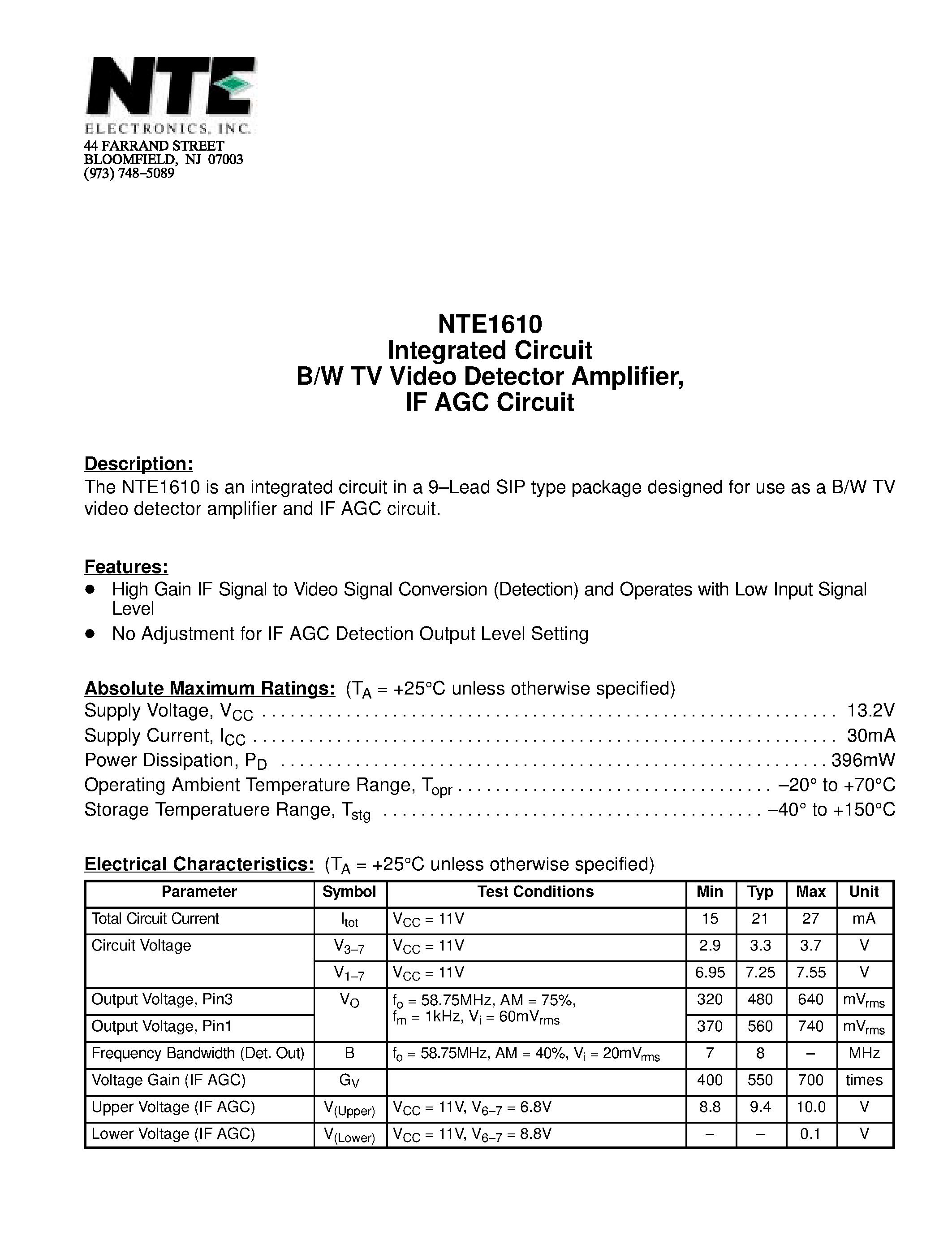 Datasheet NTE1610 - Integrated Circuit B/W TV Video Detector Amplifier / IF AGC Circuit page 1