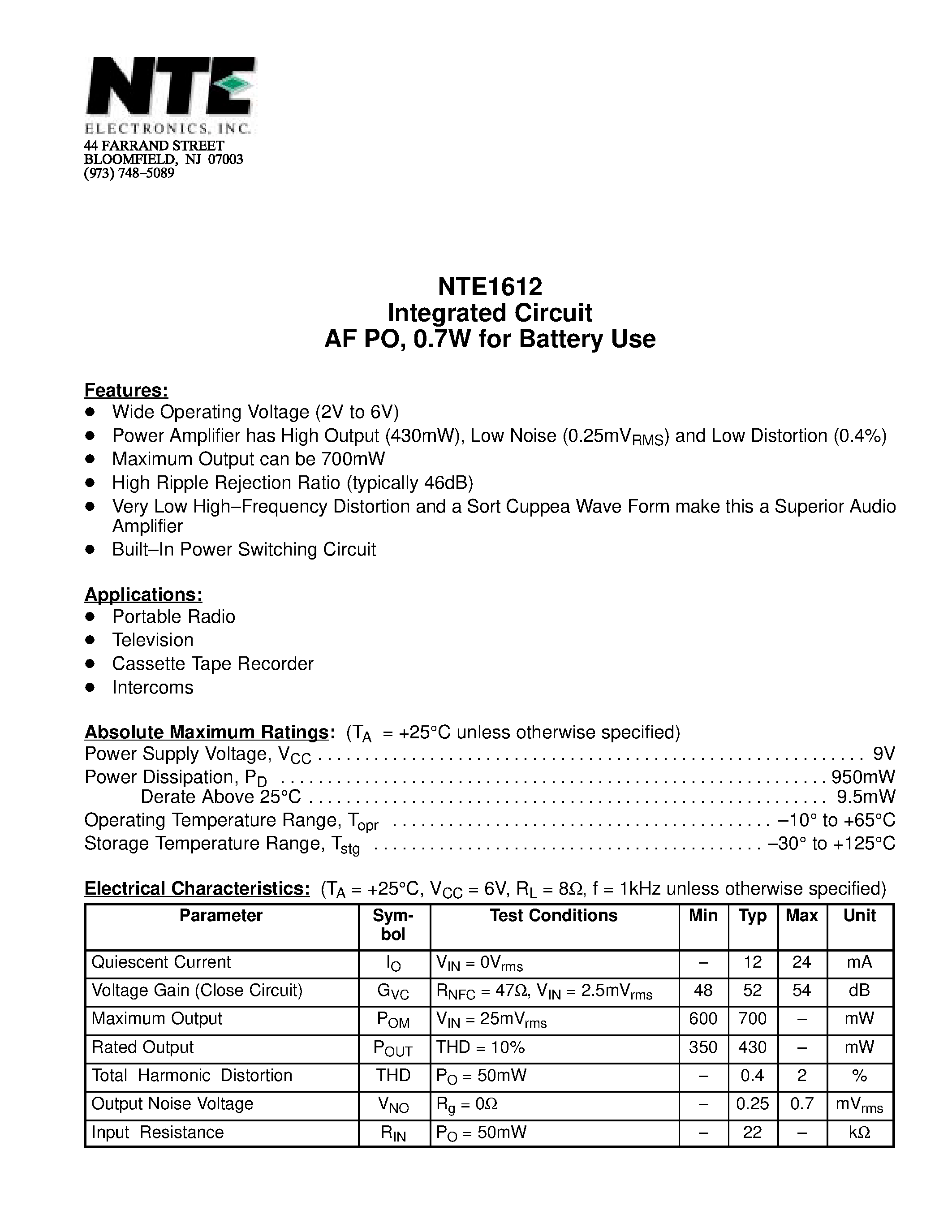 Datasheet NTE1612 - Integrated Circuit AF PO / 0.7W for Battery Use page 1
