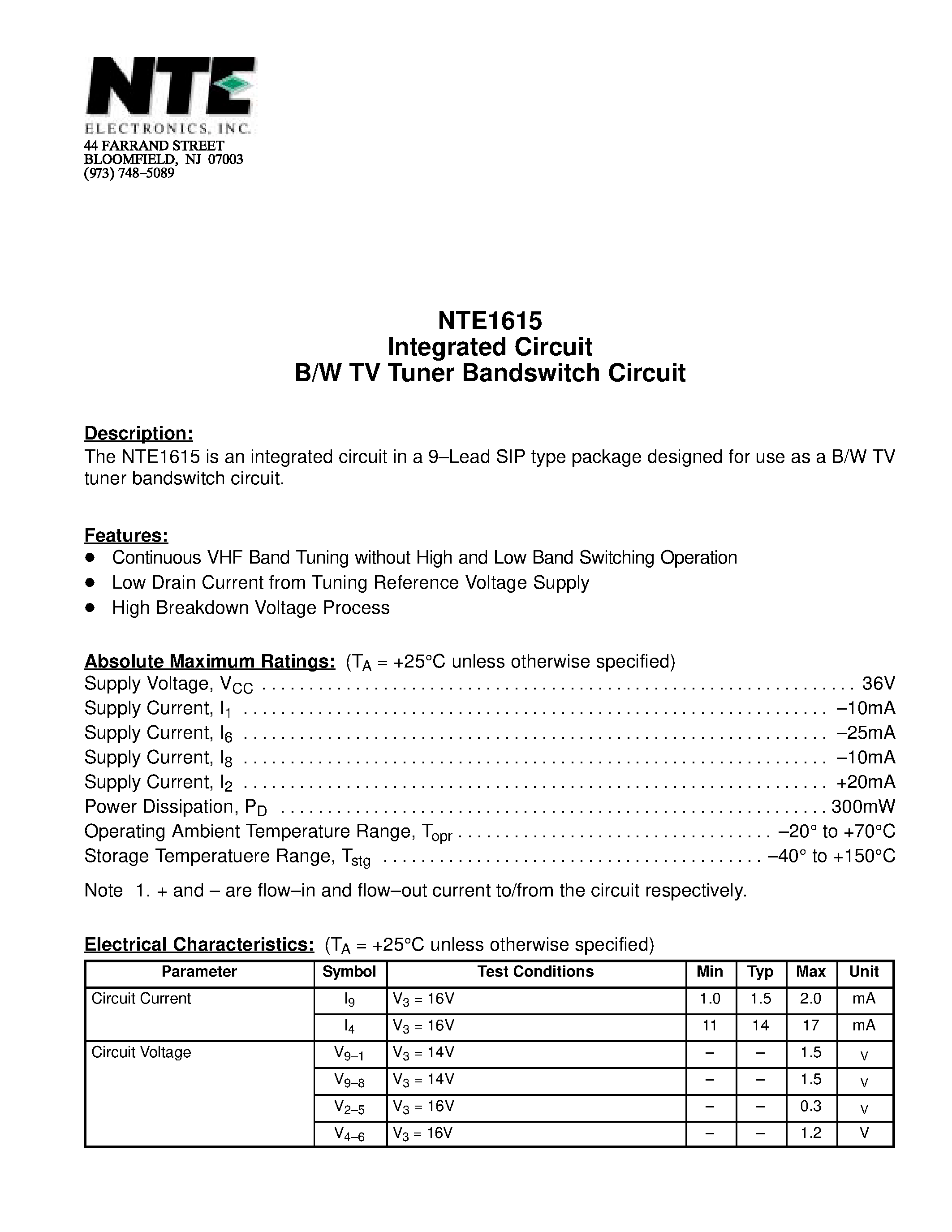 Datasheet NTE1615 - Integrated Circuit B/W TV Tuner Bandswitch Circuit page 1