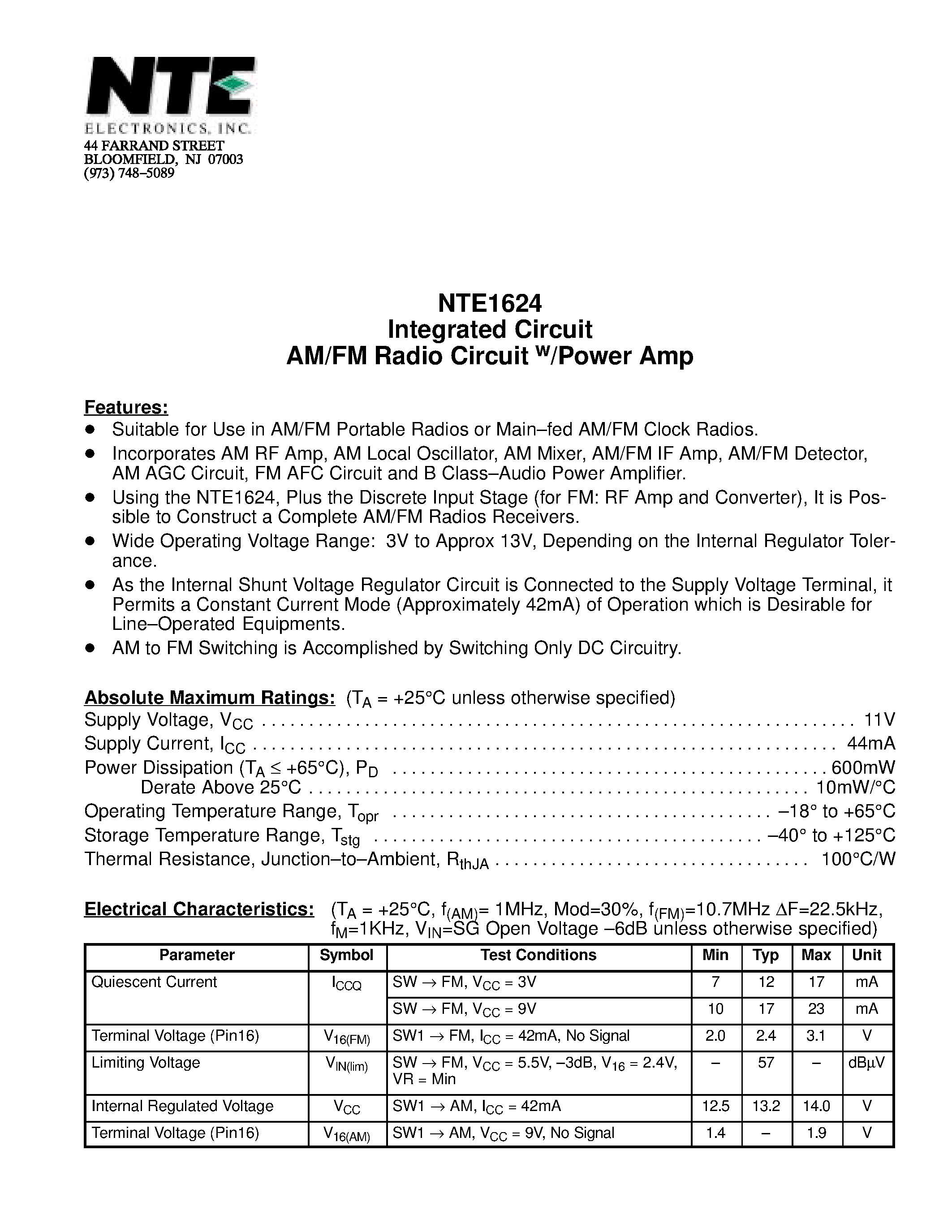 Даташит на микросхему NTE1624 страница 1 Даташит NTE1624 - Integrated Circuit AM/FM Radio Circuit w/Power Amp страница 1
