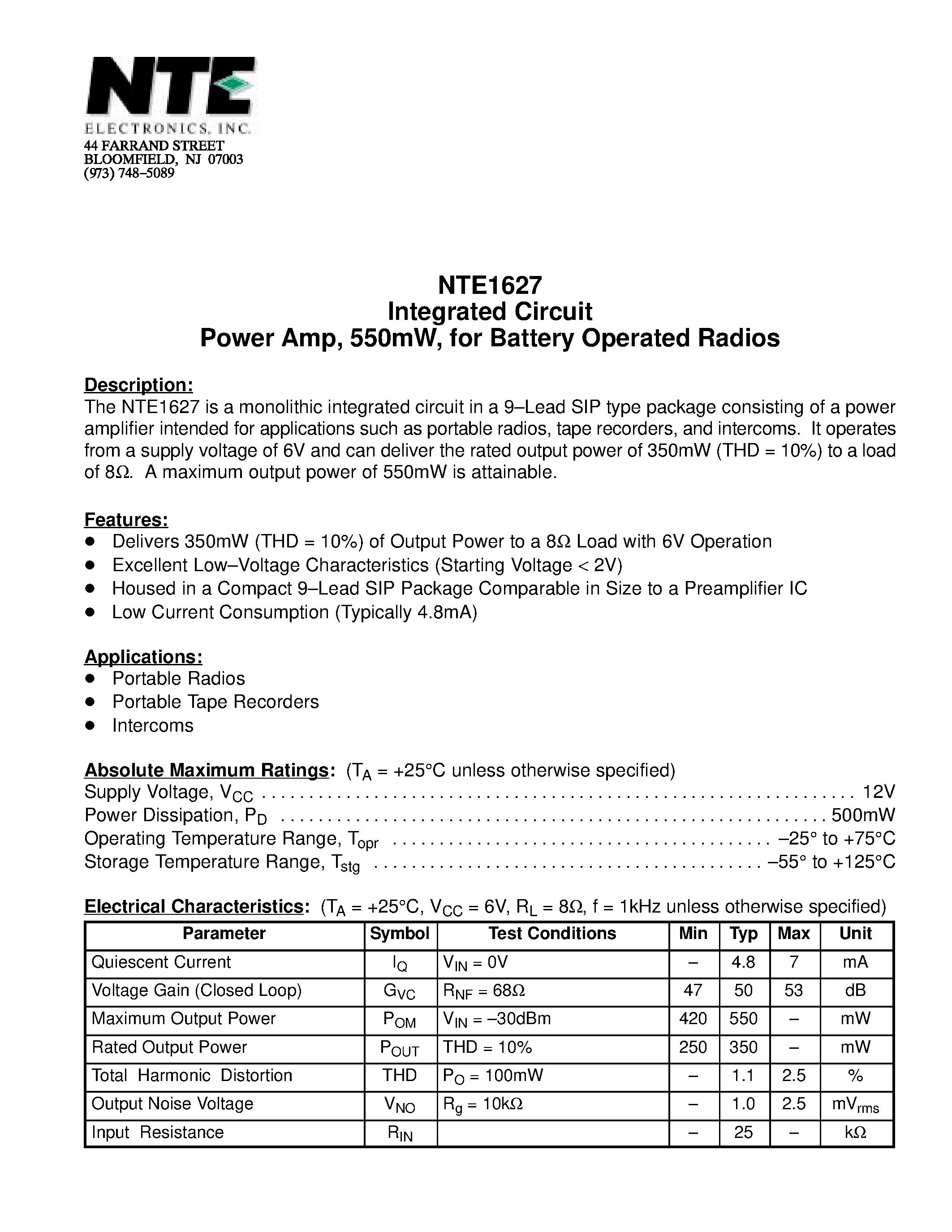 Datasheet NTE1627 - Integrated Circuit Power Amp / 550mW / for Battery Operated Radios page 1