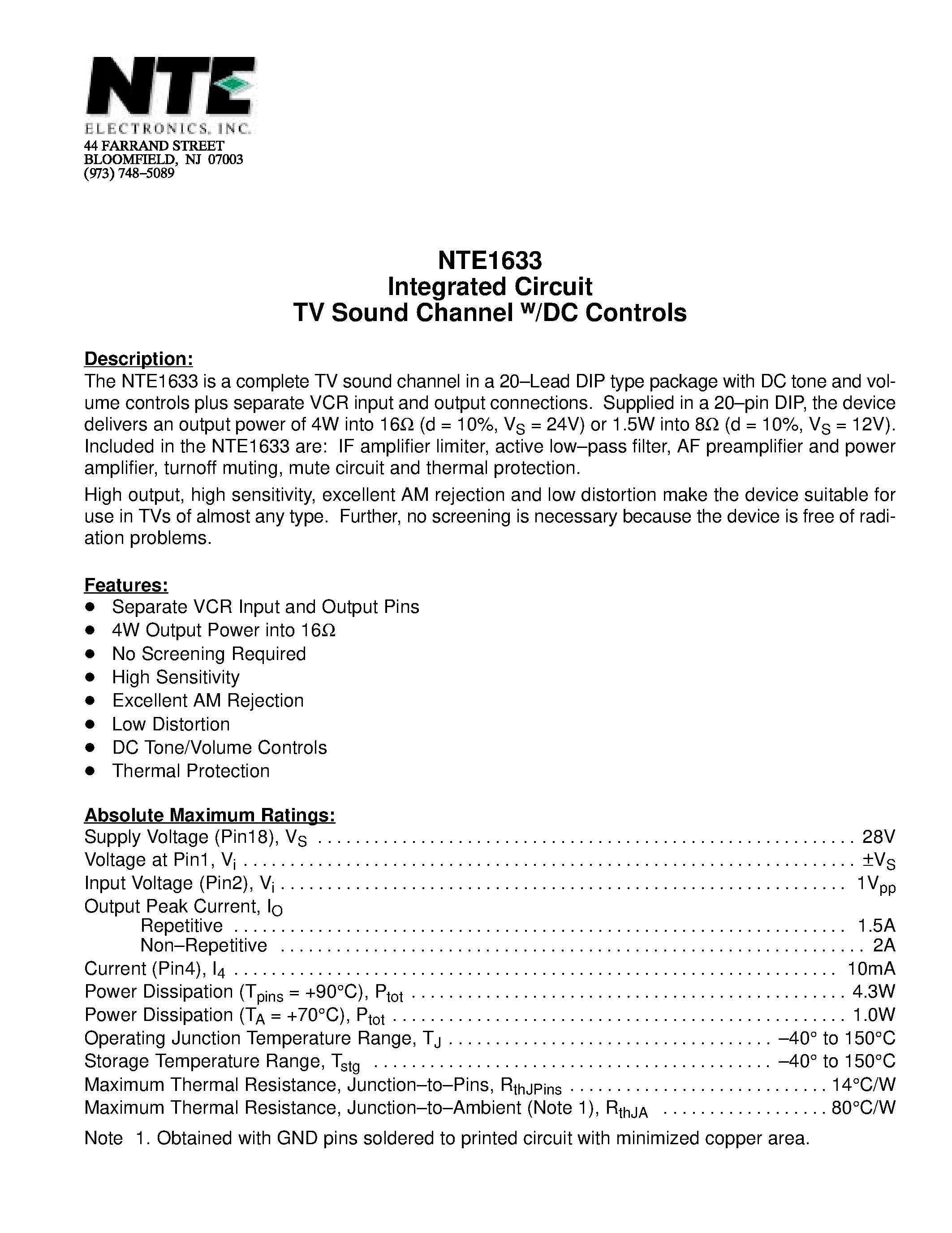 Даташит NTE1633 - Integrated Circuit TV Sound Channel w/DC Controls страница 1