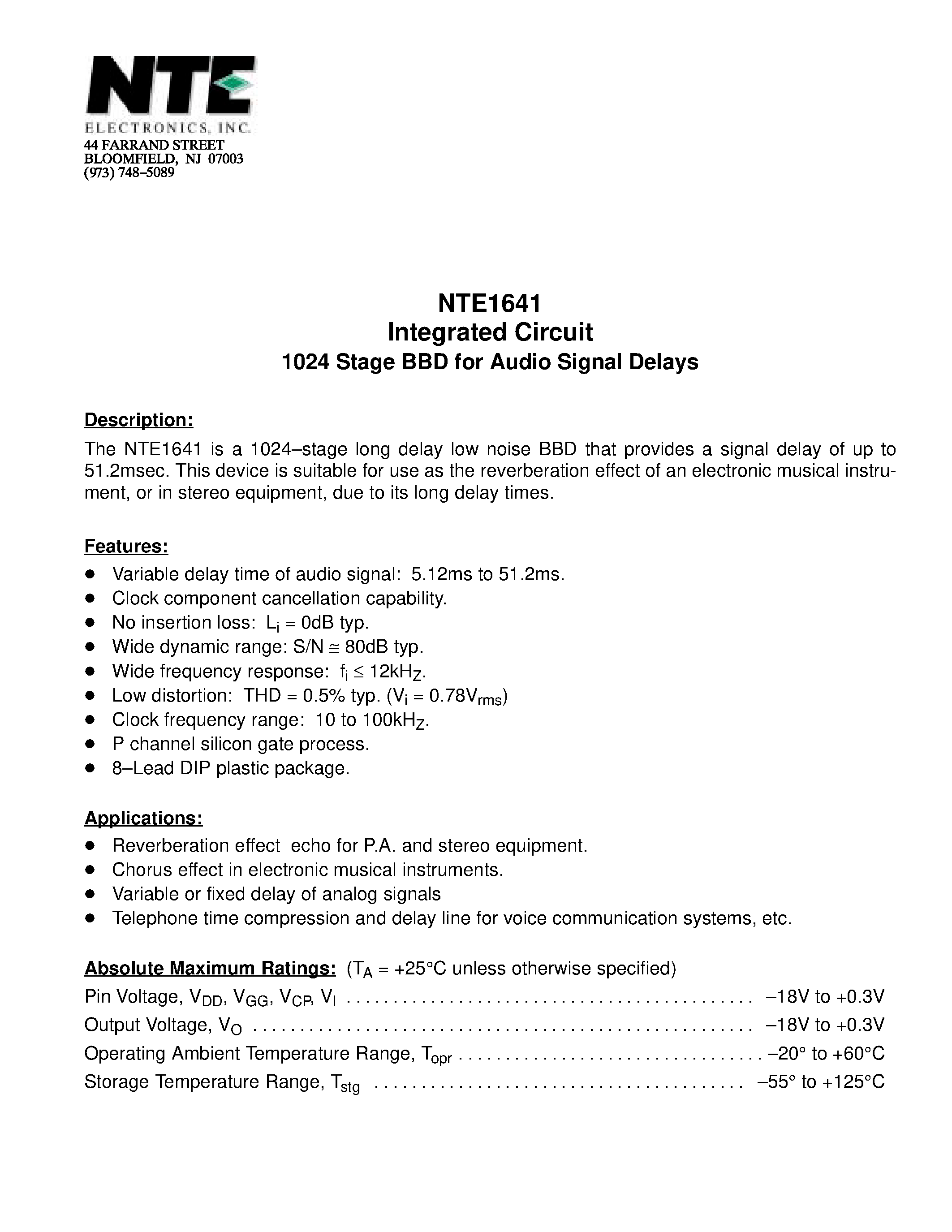 Datasheet NTE1641 - Integrated Circuit 1024 Stage BBD for Audio Signal Delays page 1