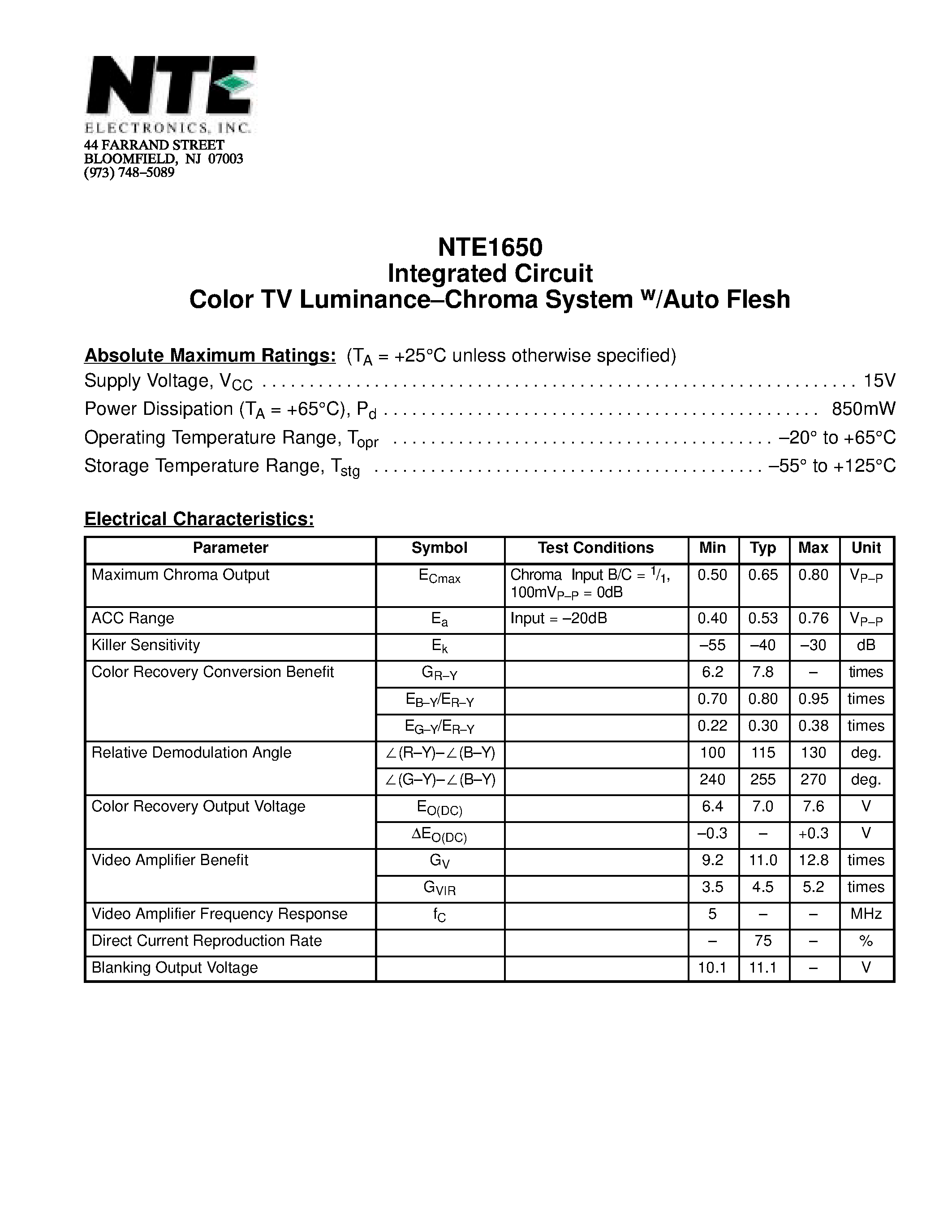Даташит NTE1650 - Integrated Circuit Color TV Luminance-Chroma System w/Auto Flesh страница 1