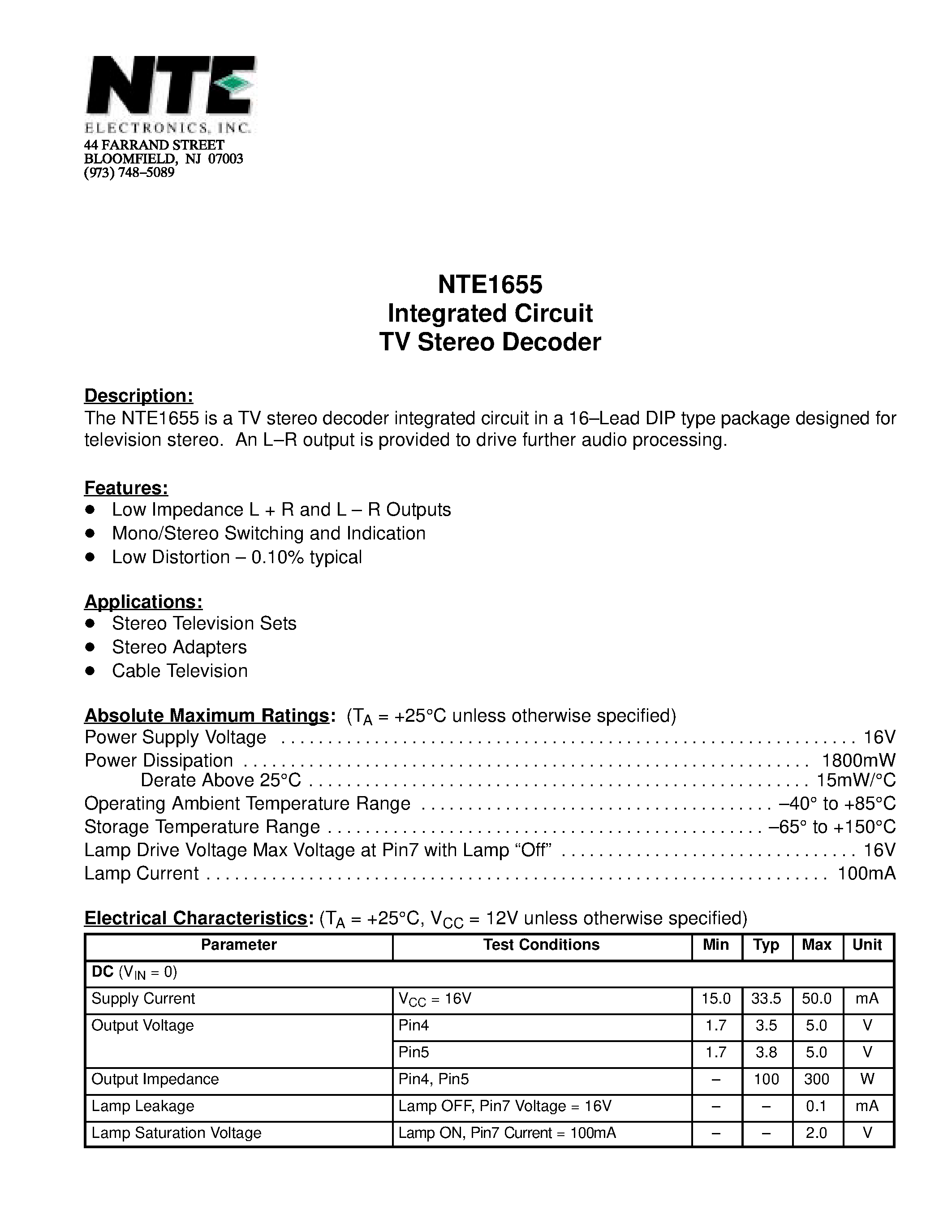 Даташит NTE1655 - Integrated Circuit TV Stereo Decoder страница 1