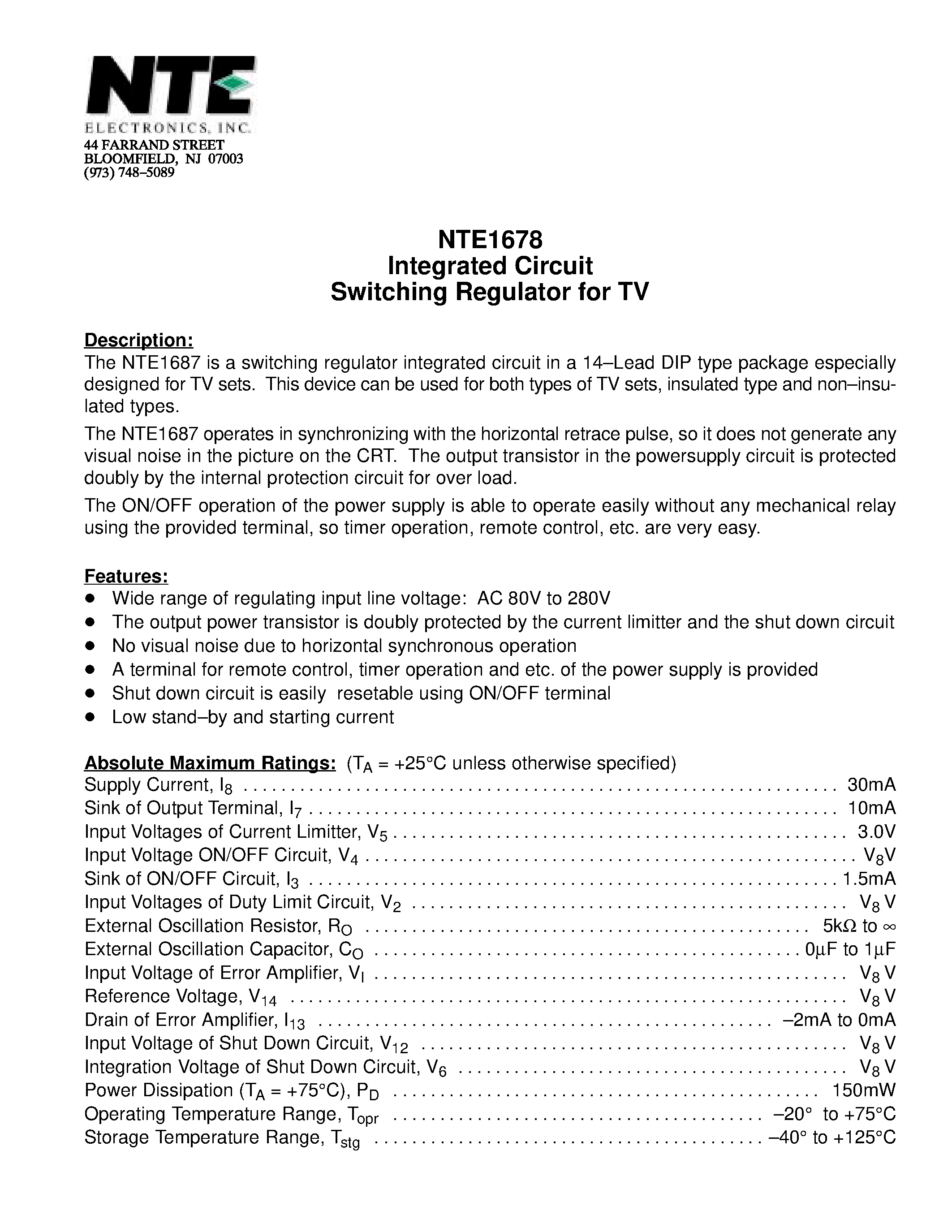 Datasheet NTE1678 - Integrated Circuit Switching Regulator for TV page 1