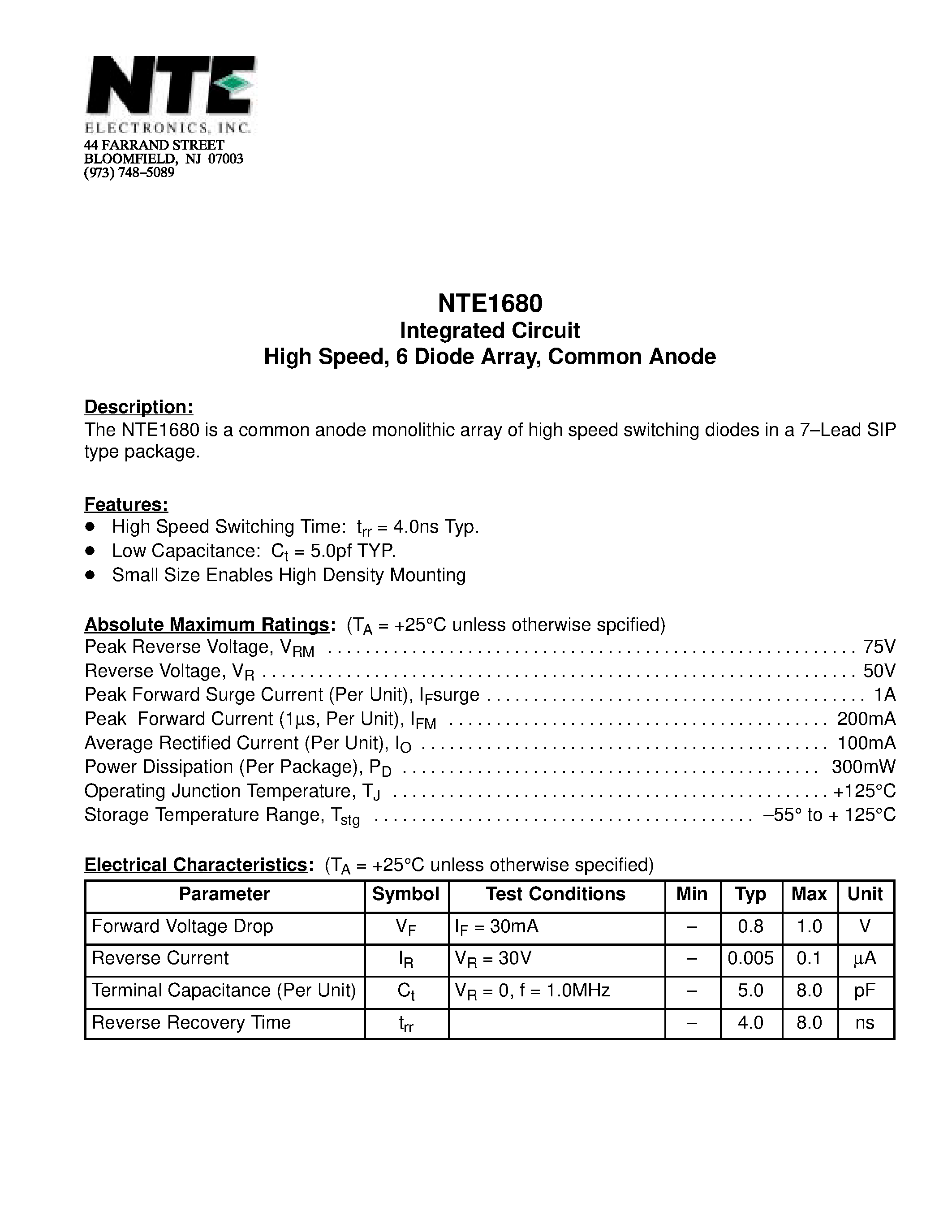 Datasheet NTE1680 - Integrated Circuit High Speed / 6 Diode Array / Common Anode page 1