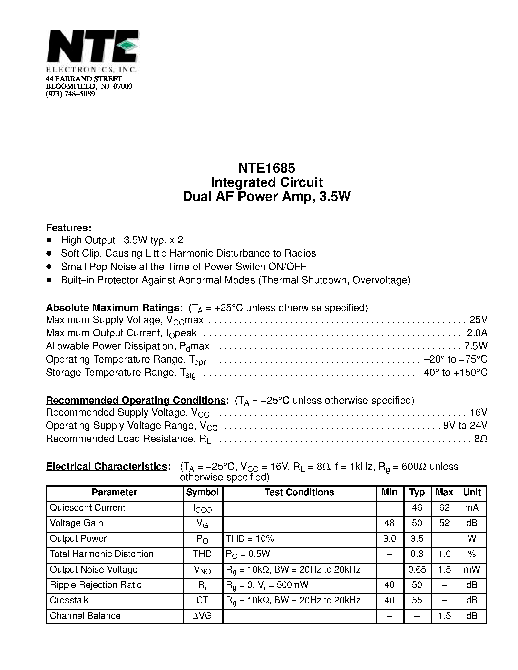 Datasheet NTE1685 page 1 Datasheet NTE1685 - Integrated Circuit Dual AF Power Amp / 3.5W page 1