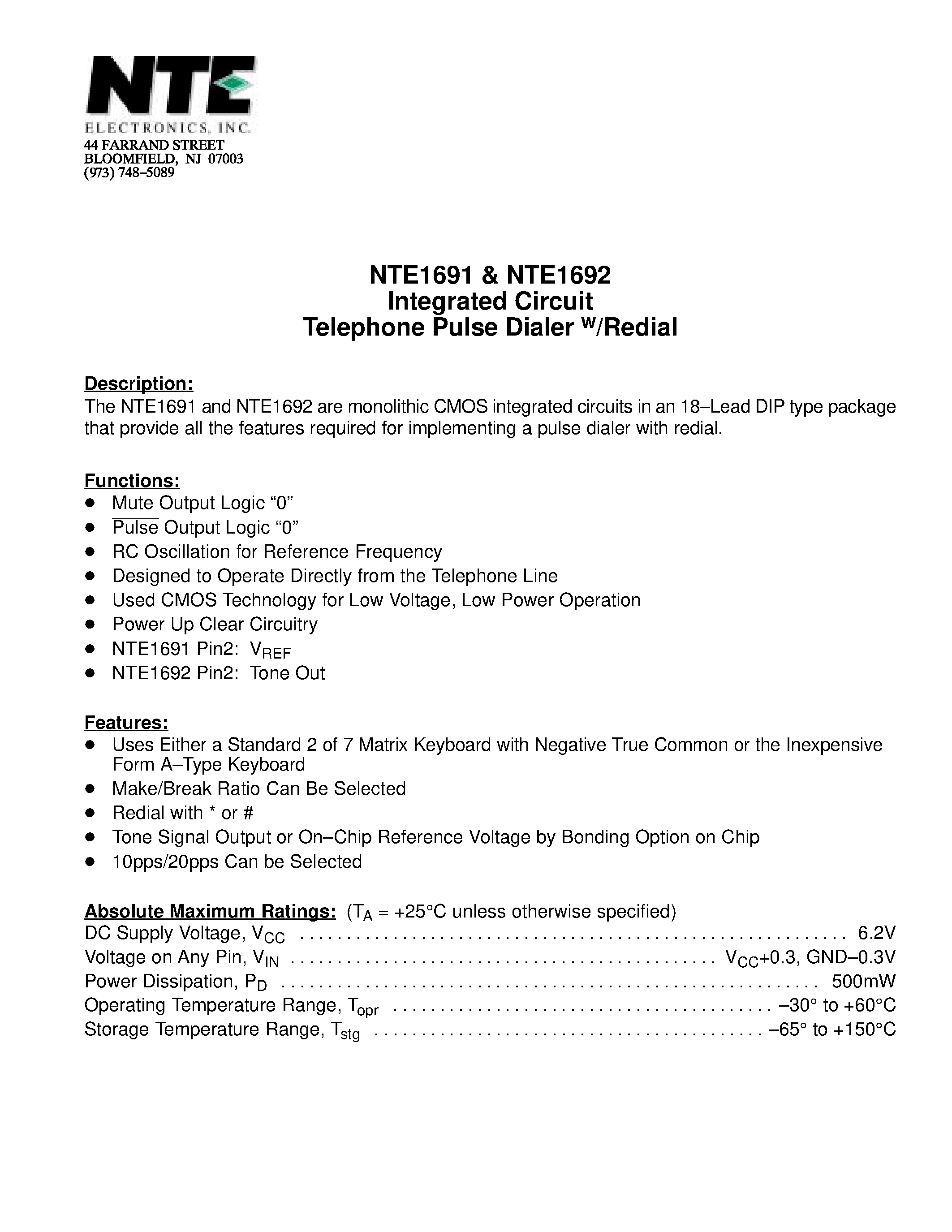 Даташит NTE1692 - Integrated Circuit Telephone Pulse Dialer w/Redial страница 1