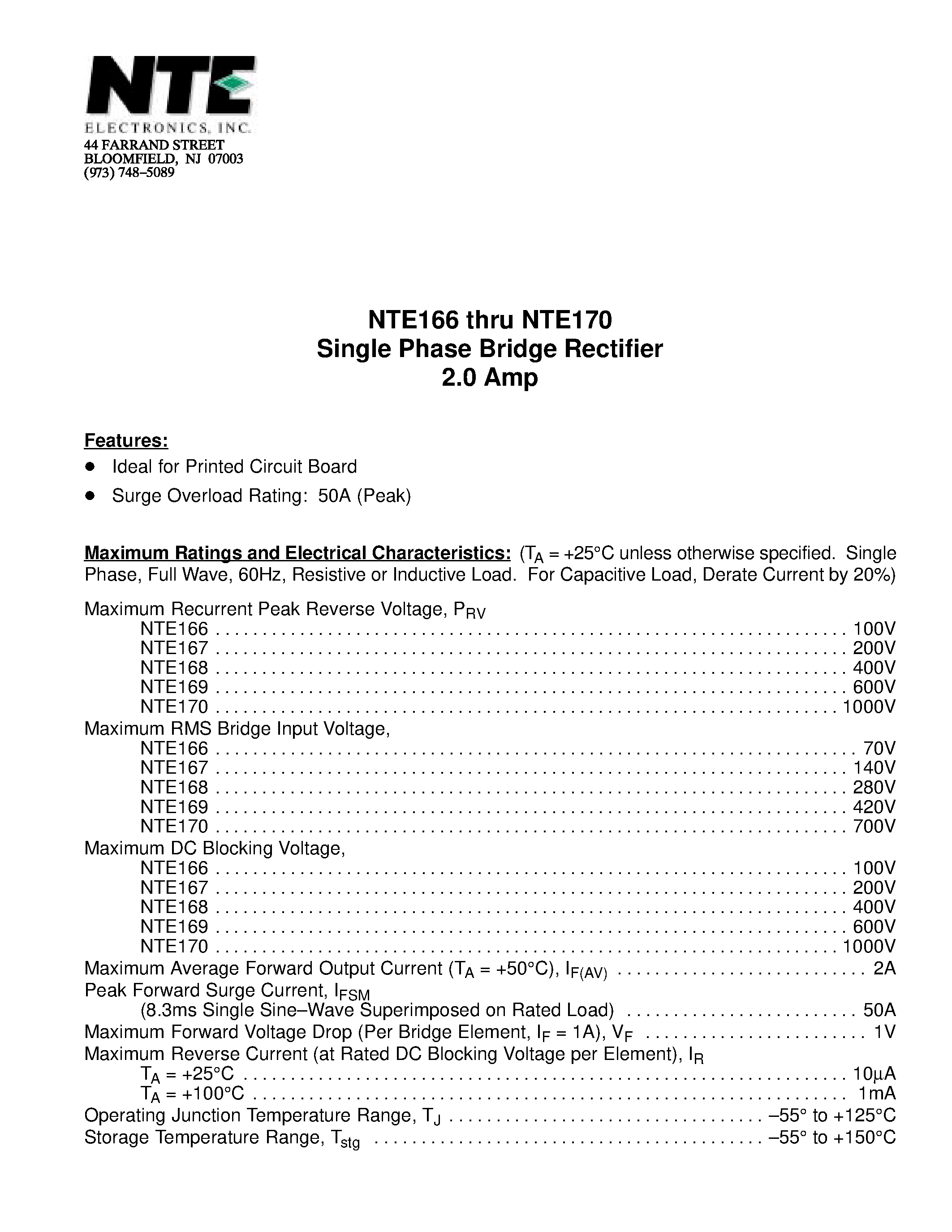 Datasheet NTE170 - Single Phase Bridge Rectifier 2.0 Amp page 1