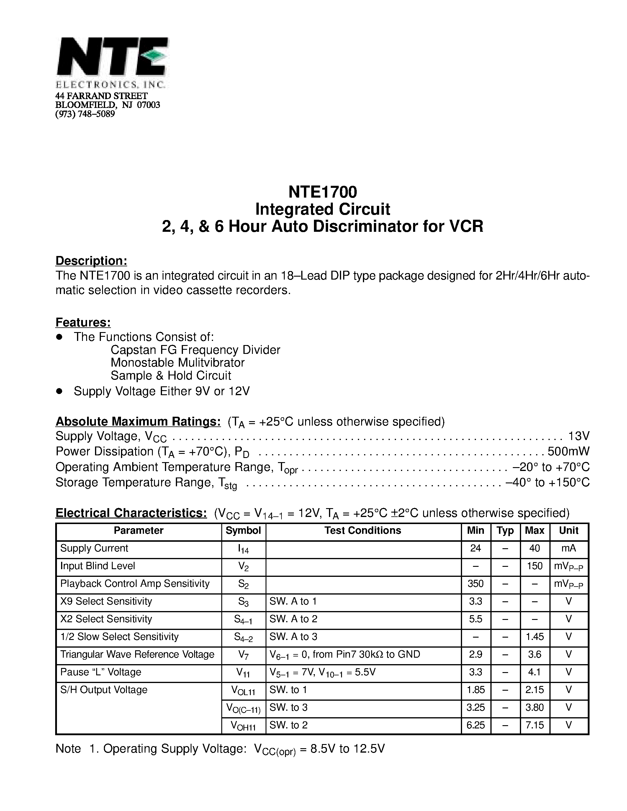 Datasheet NTE1700 - Integrated Circuit 2 / 4 / & 6 Hour Auto Discriminator for VCR page 1