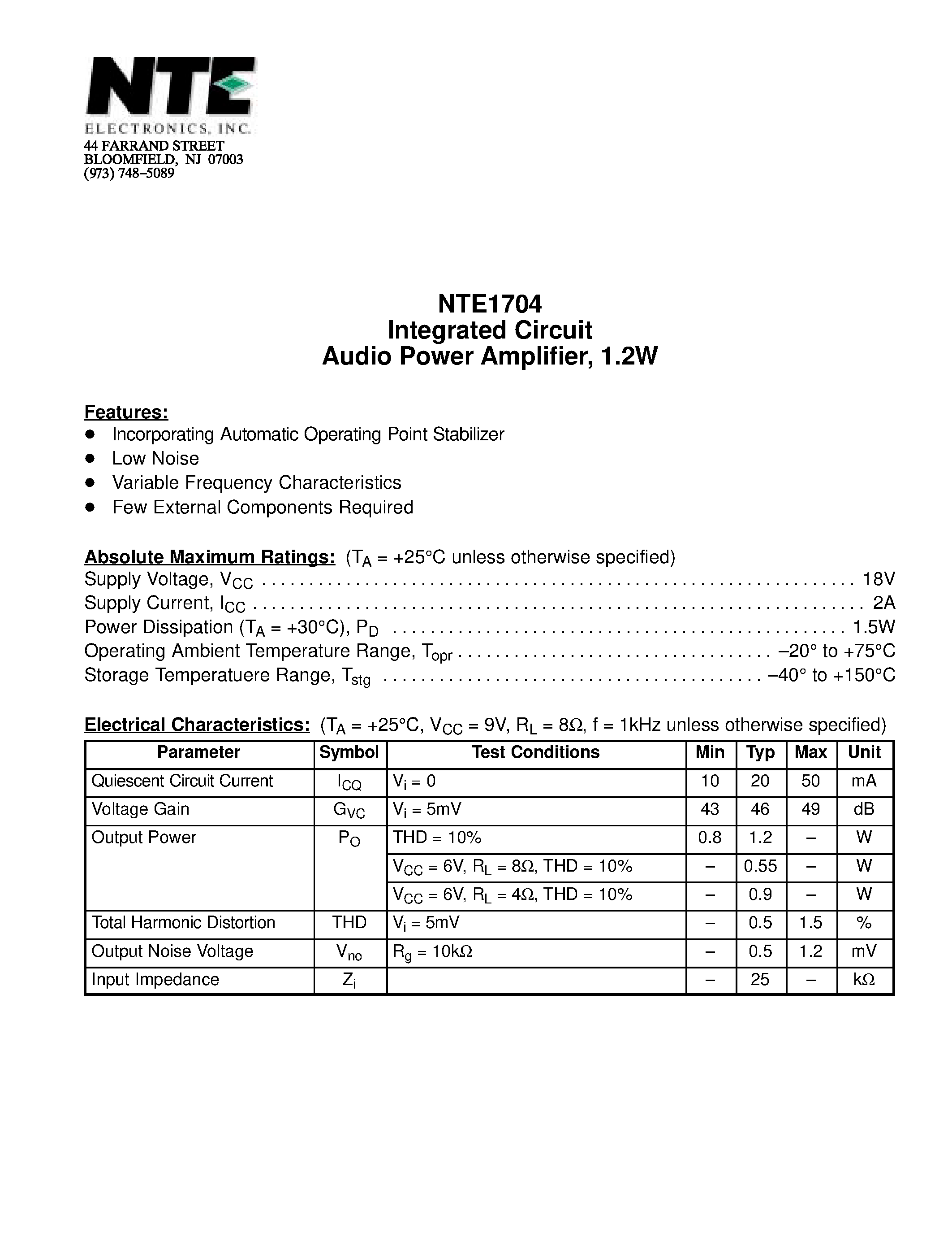 Datasheet NTE1704 - Integrated Circuit Audio Power Amplifier / 1.2W page 1