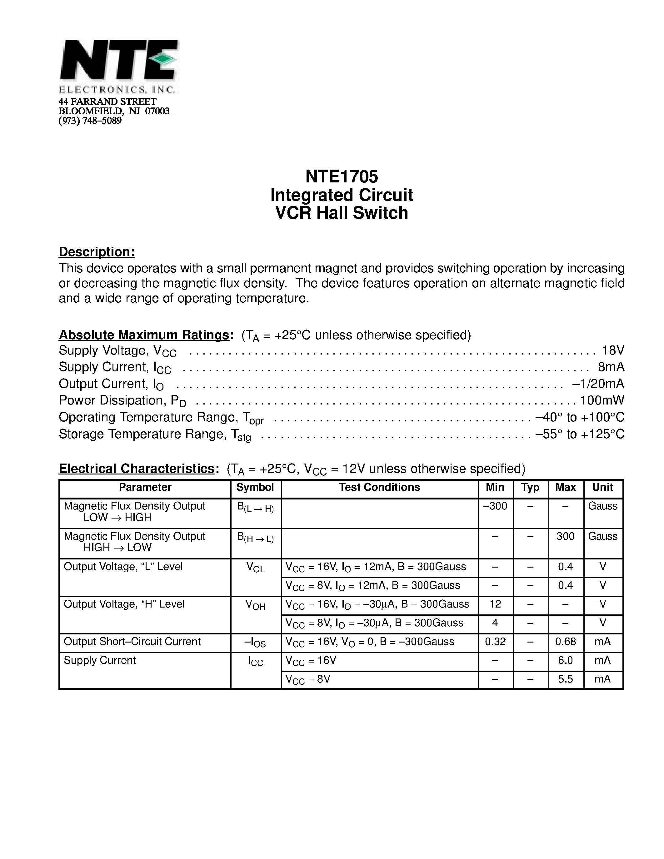 Datasheet NTE1705 page 1 Datasheet NTE1705 - Integrated Circuit VCR Hall Switch page 1
