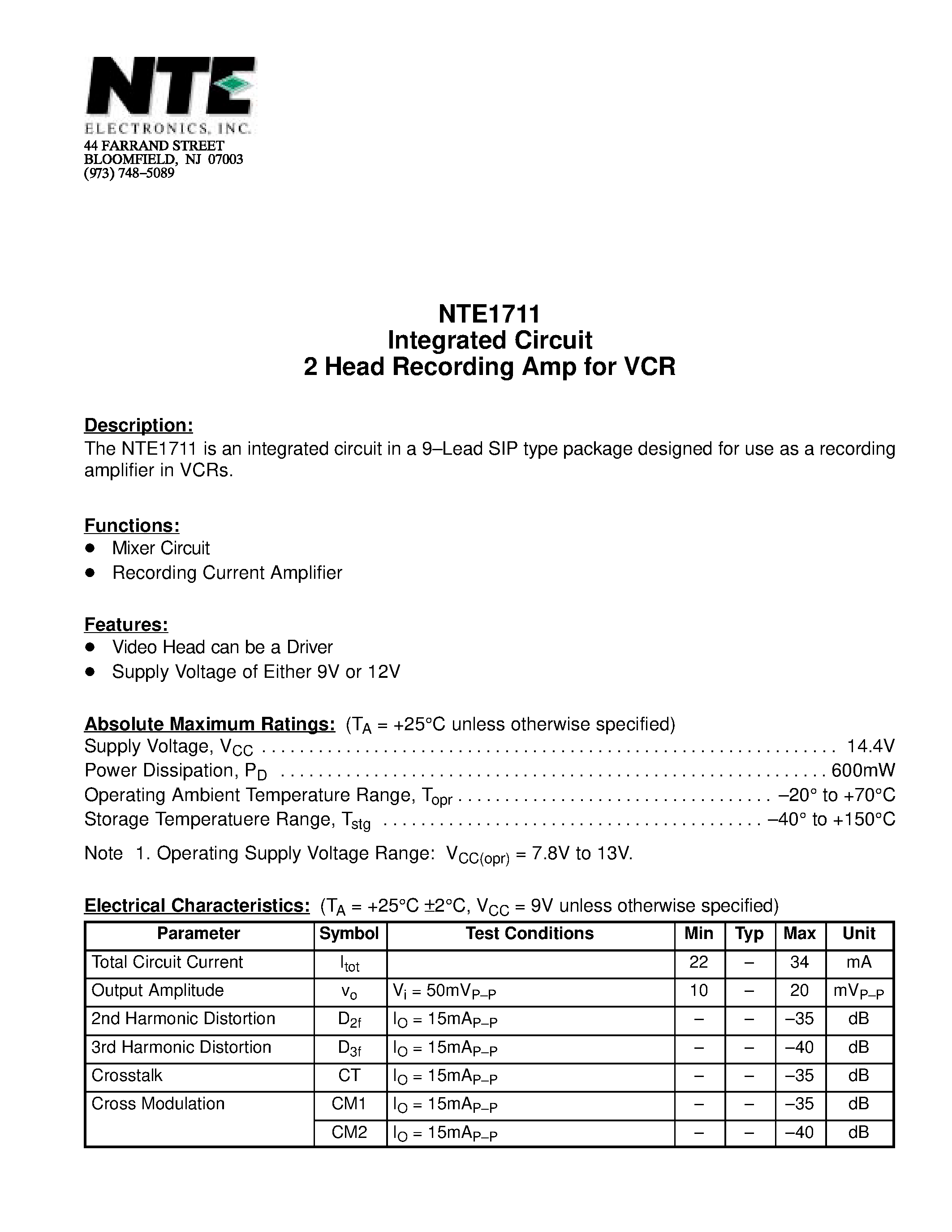 Datasheet NTE1711 - Integrated Circuit 2 Head Recording Amp for VCR page 1