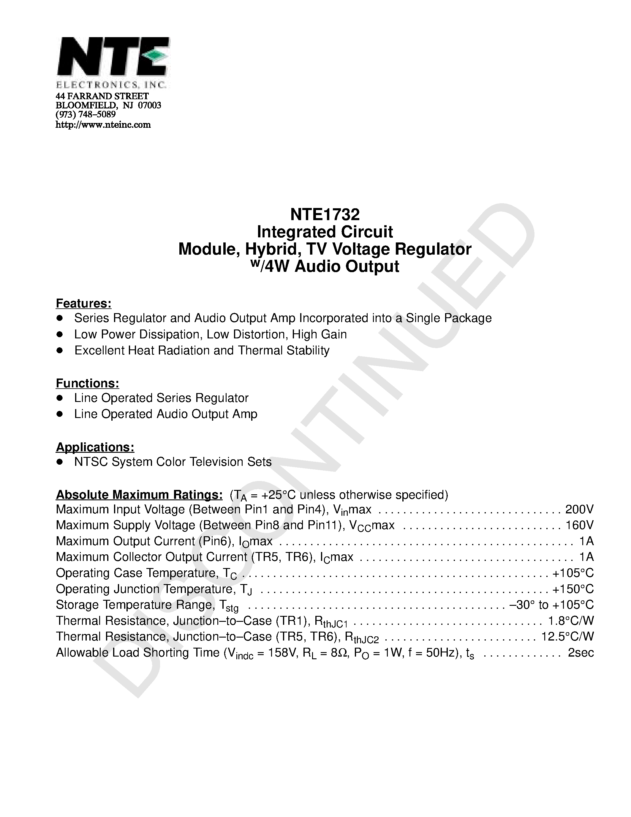 Даташит NTE1732 - Integrated Circuit Module / Hybrid / TV Voltage Regulator w/4W Audio Output страница 1