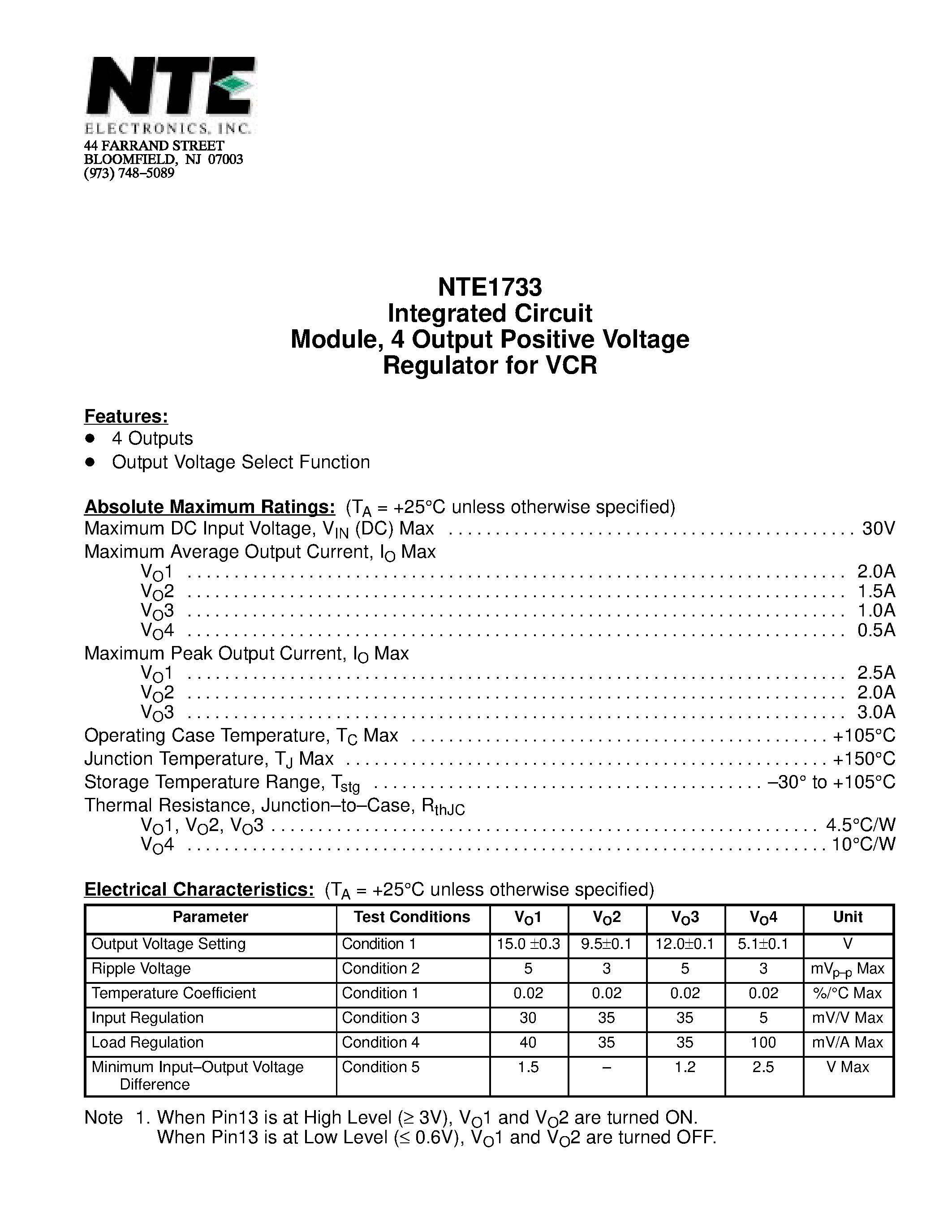 Datasheet NTE1733 - Integrated Circuit Module / 4 Output Positive Voltage Regulator for VCR page 1