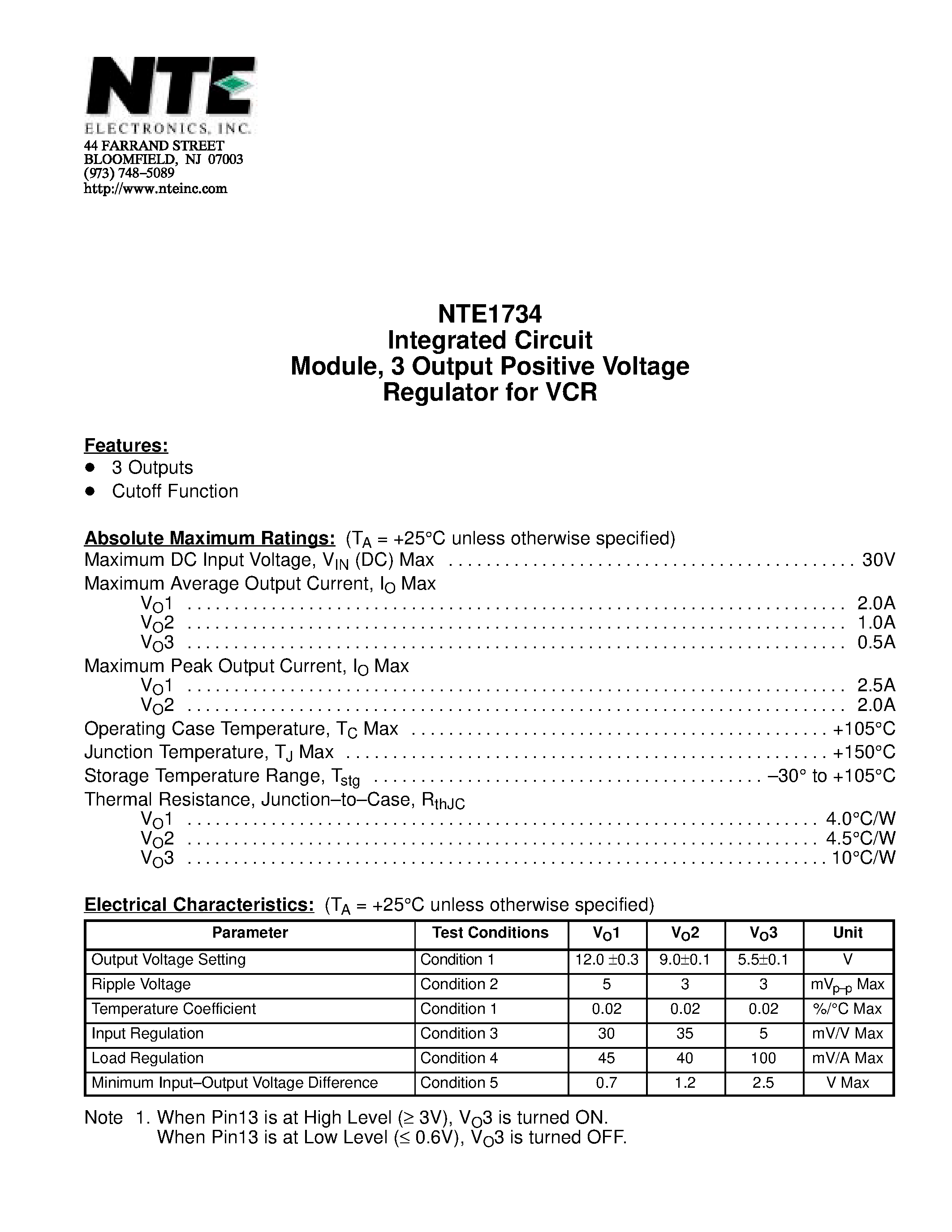 Datasheet NTE1734 page 1 Datasheet NTE1734 - Integrated Circuit Module / 3 Output Positive Voltage Regulator for VCR page 1