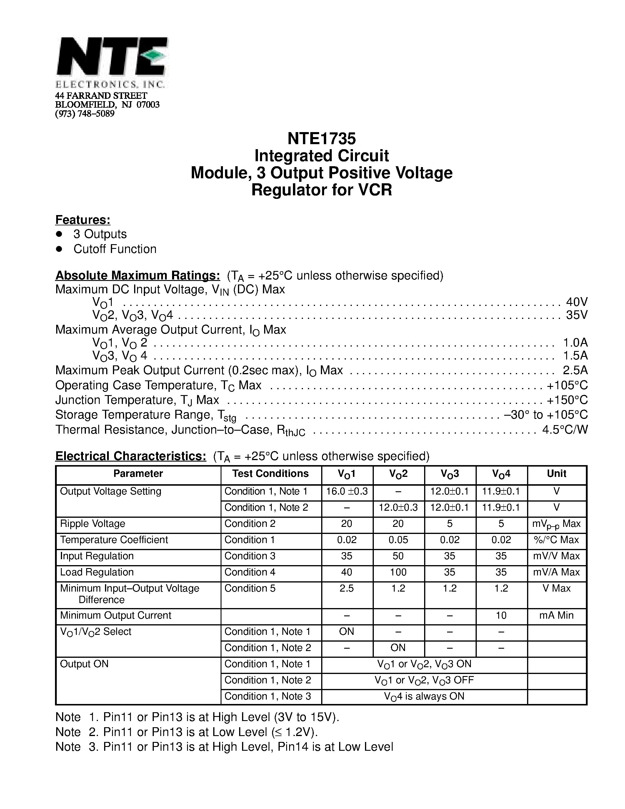 Datasheet NTE1735 - Integrated Circuit Module / 3 Output Positive Voltage Regulator for VCR page 1