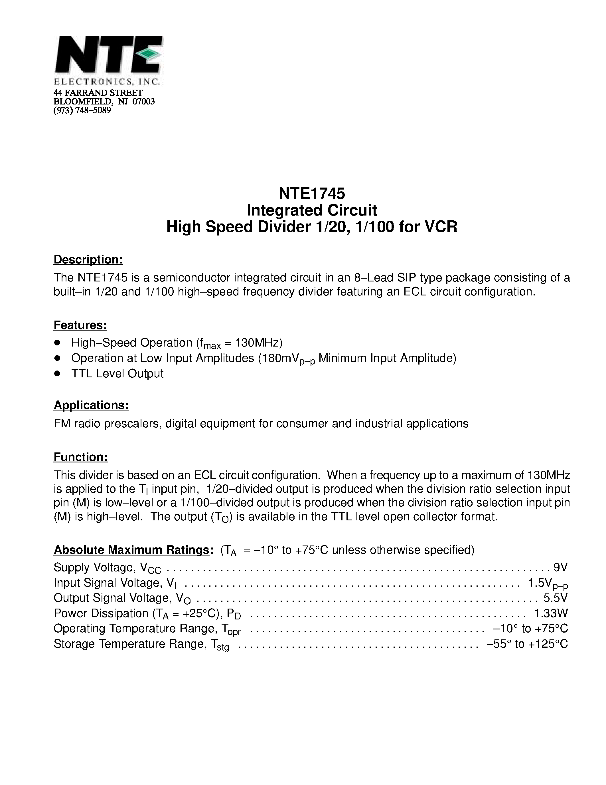 Даташит на микросхему NTE1745 страница 1 Даташит NTE1745 - Integrated Circuit High Speed Divider 1/20 / 1/100 for VCR страница 1