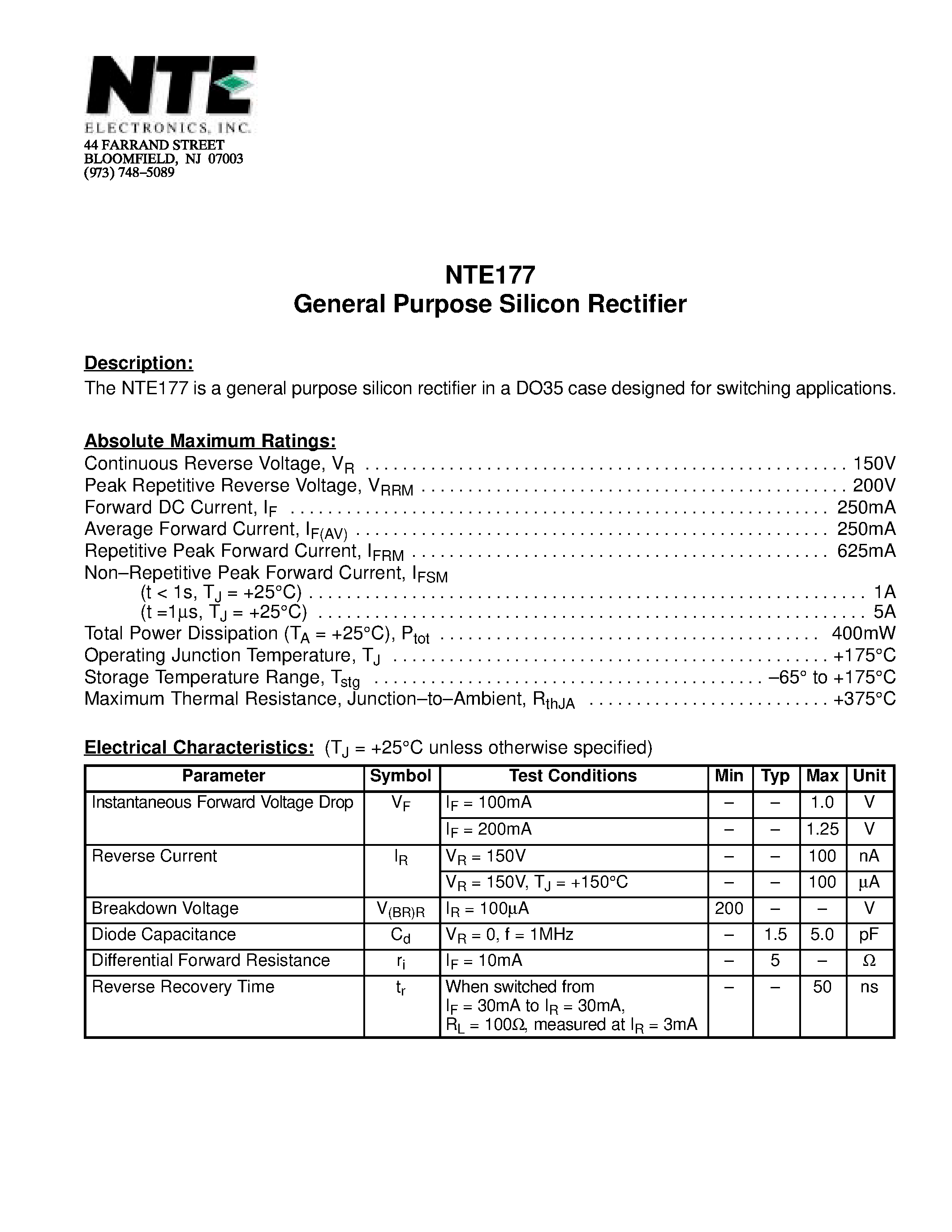 Даташит NTE177 - General Purpose Silicon Rectifier страница 1
