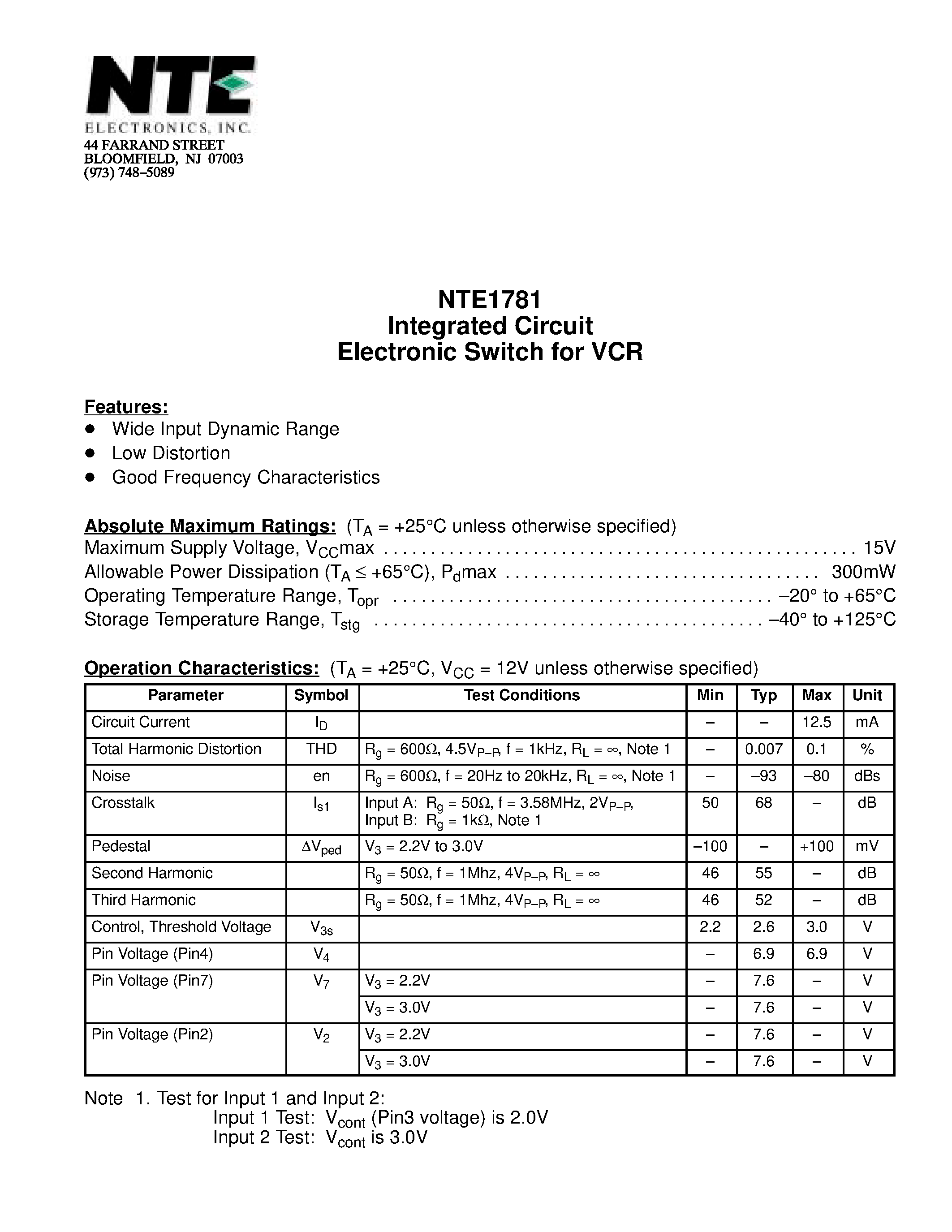 Datasheet NTE1781 - Integrated Circuit Electronic Switch for VCR page 1