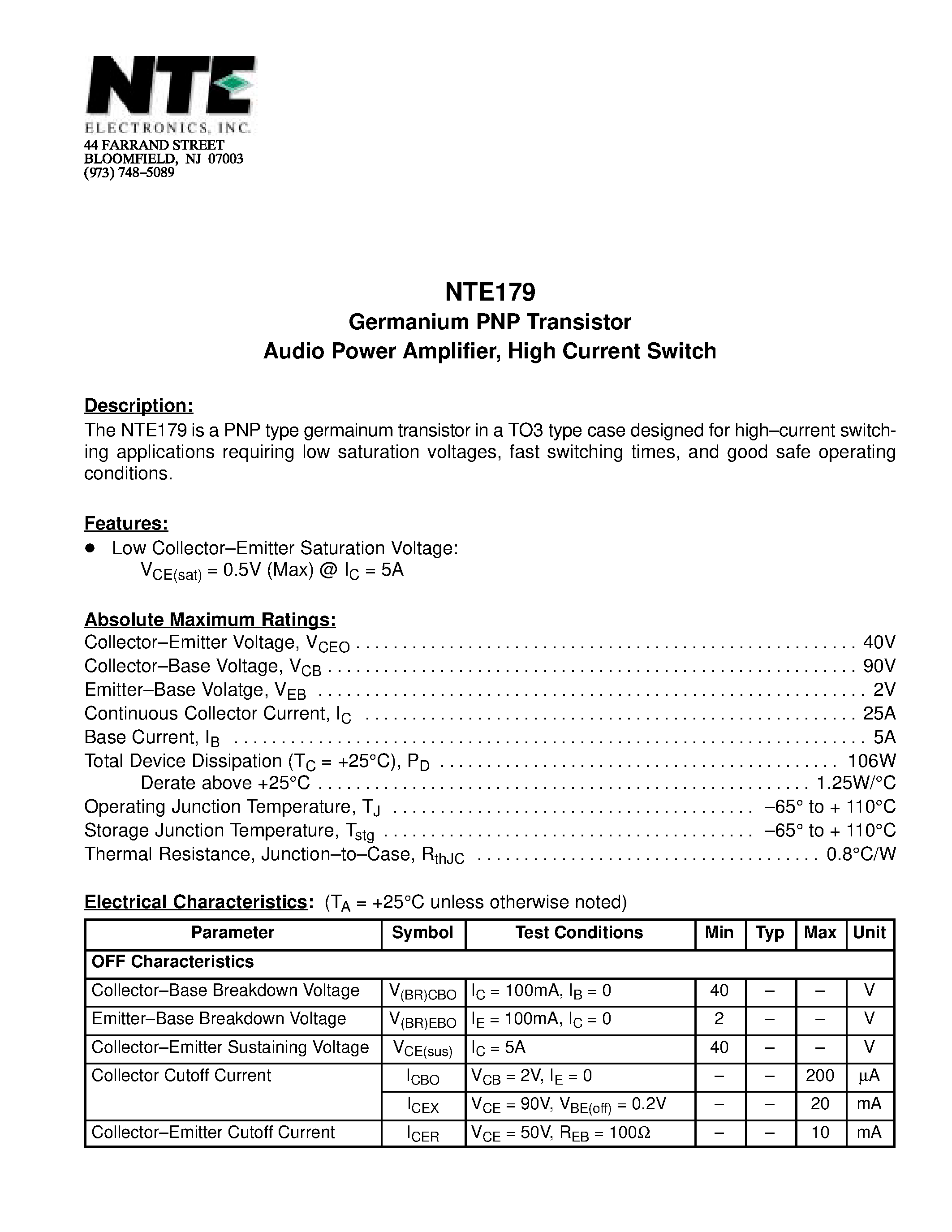 Datasheet NTE179 - Germanium PNP Transistor Audio Power Amplifier / High Current Switch page 1