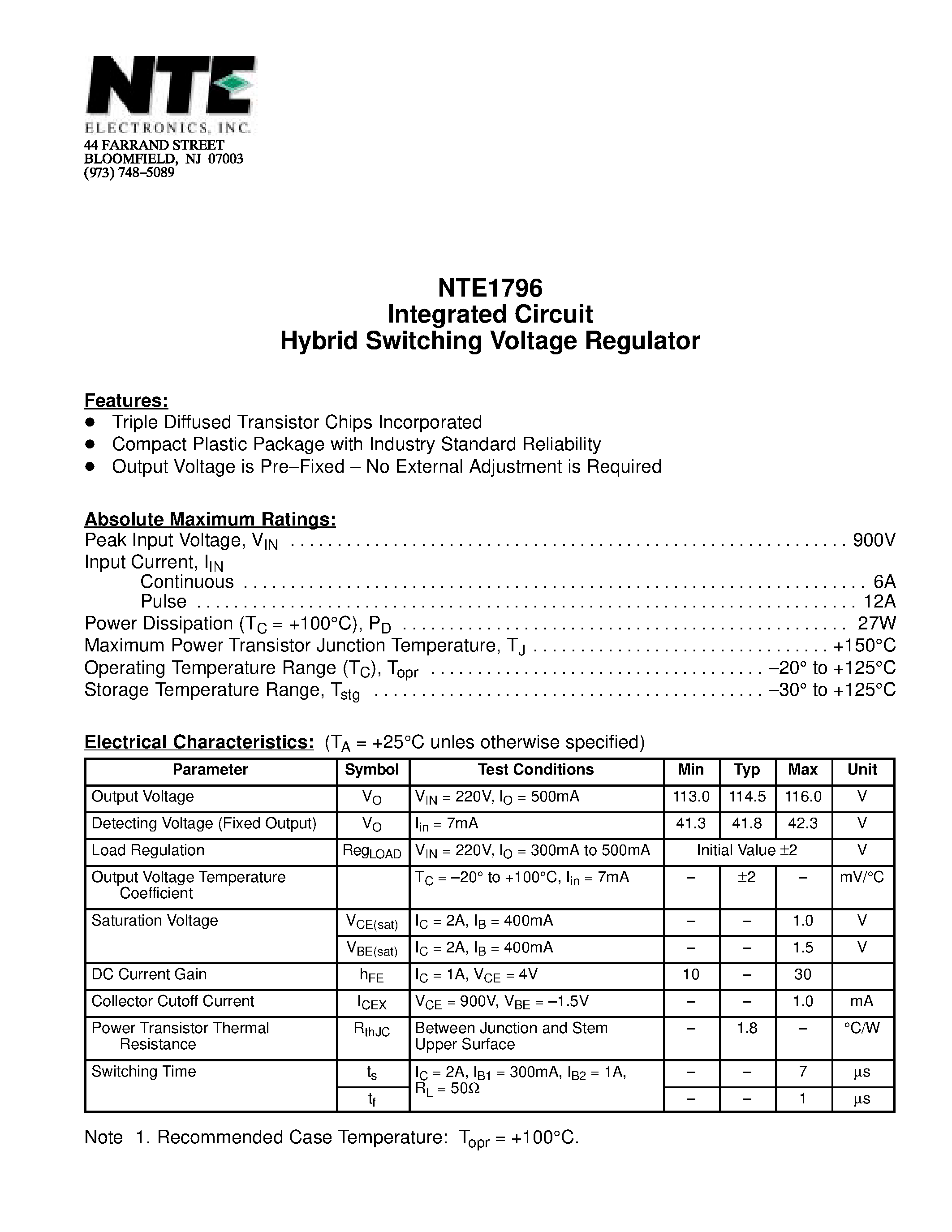 Datasheet NTE1796 - Integrated Circuit Hybrid Switching Voltage Regulator page 1