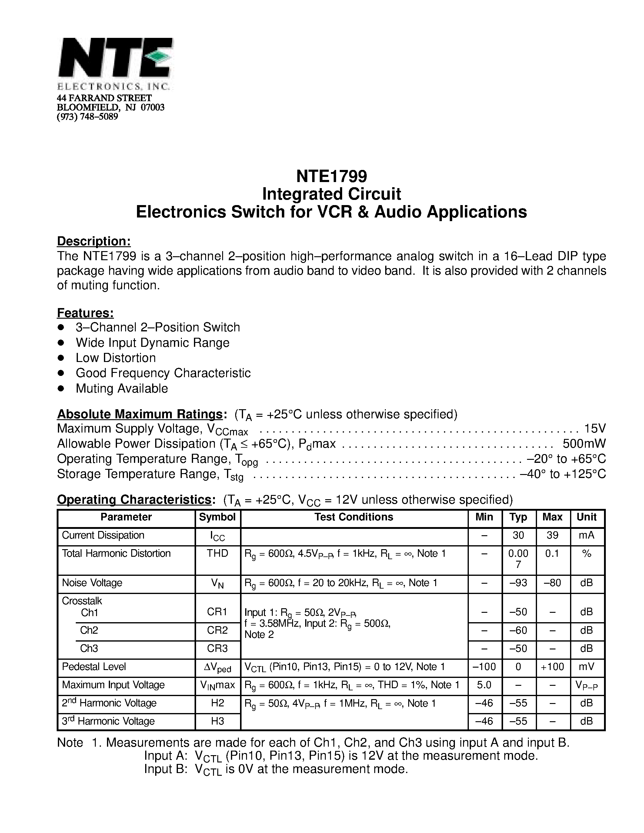 Datasheet NTE1799 page 1 Datasheet NTE1799 - Integrated Circuit Electronics Switch for VCR & Audio Applications page 1