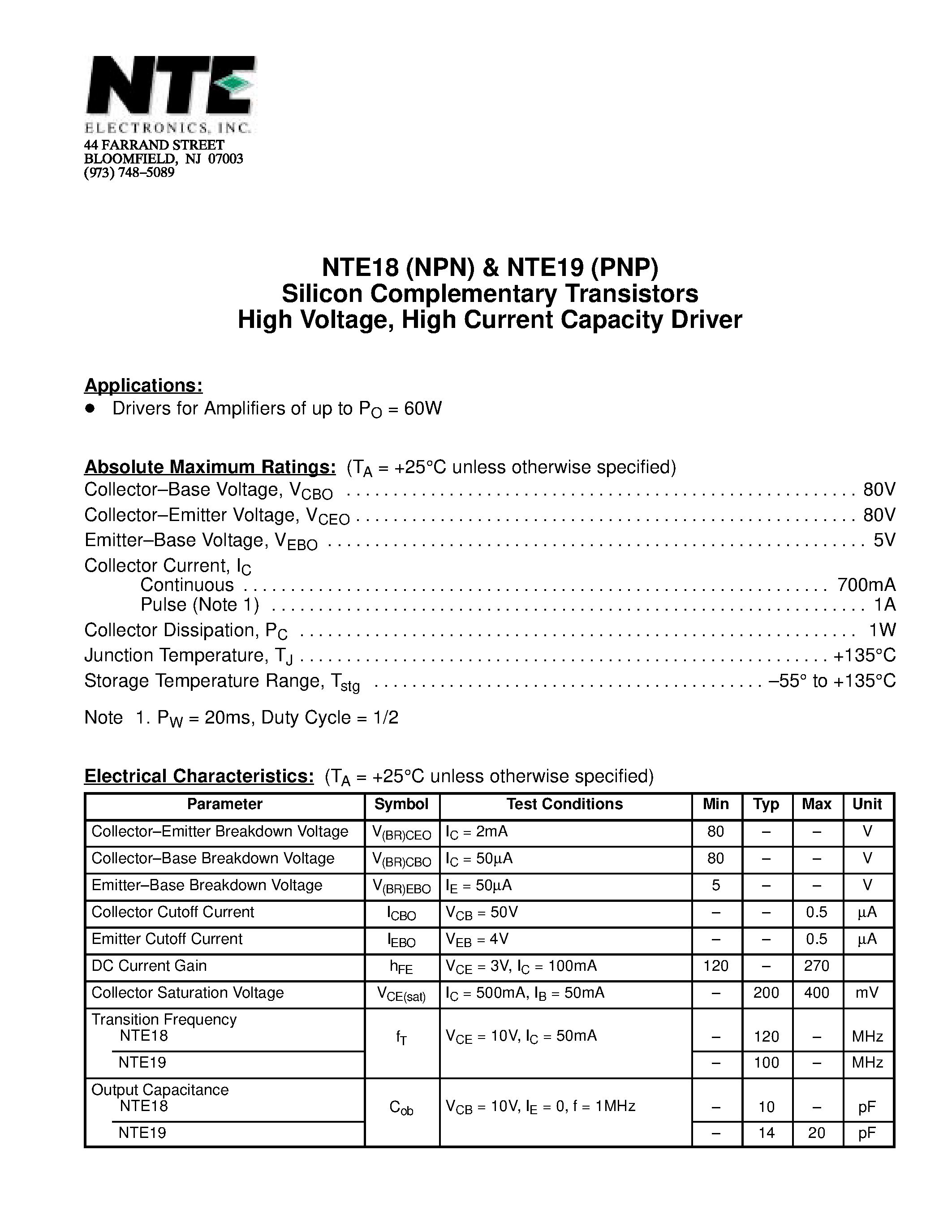 Datasheet NTE18 - Silicon Complementary Transistors High Voltage / High Current Capacity Driver page 1