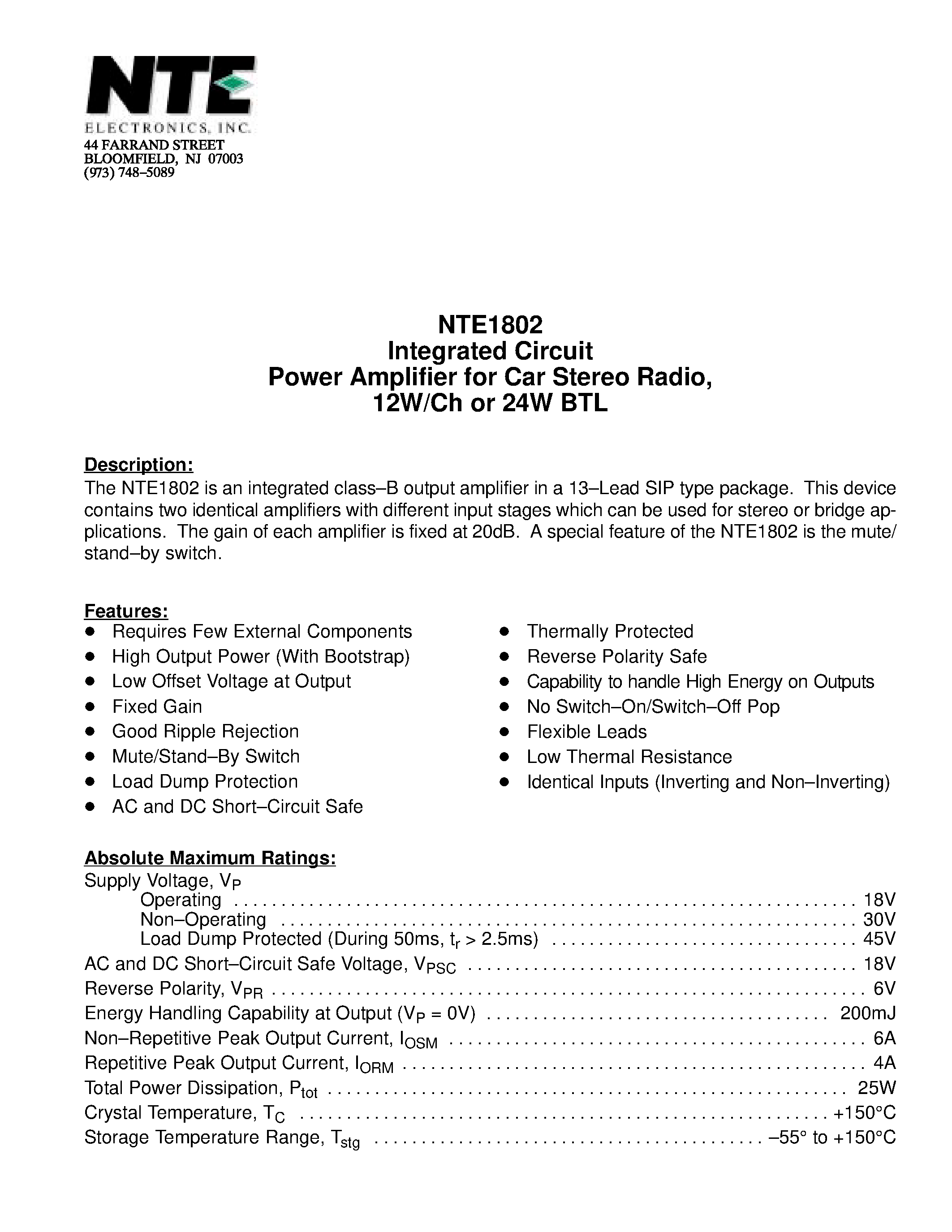 Даташит NTE1802 - Integrated Circuit Power Amplifier for Car Stereo Radio / 12W/Ch or 24W BTL страница 1