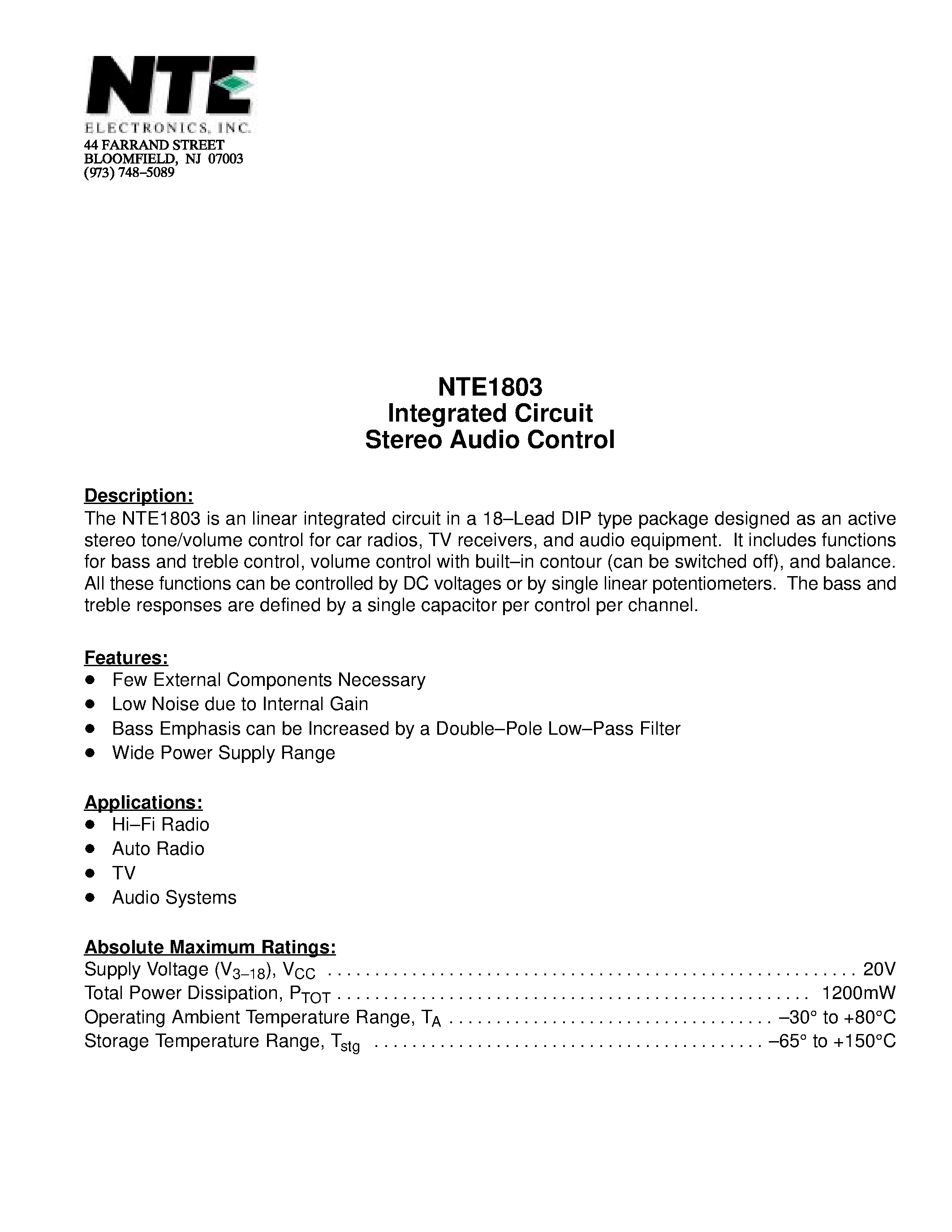 Даташит NTE1803 - Integrated Circuit Stereo Audio Control страница 1