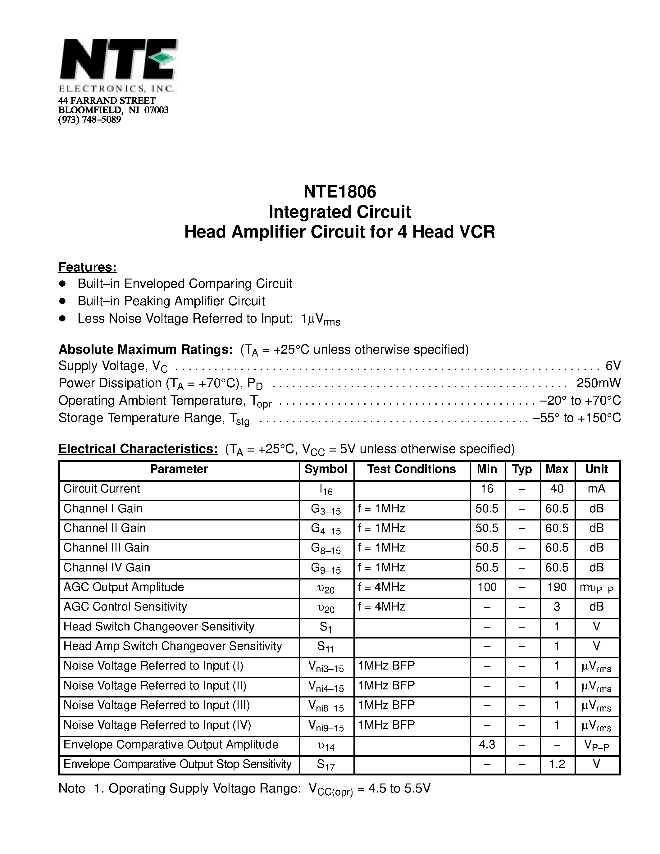 Datasheet NTE1806 - Integrated Circuit Head Amplifier Circuit for 4 Head VCR page 1