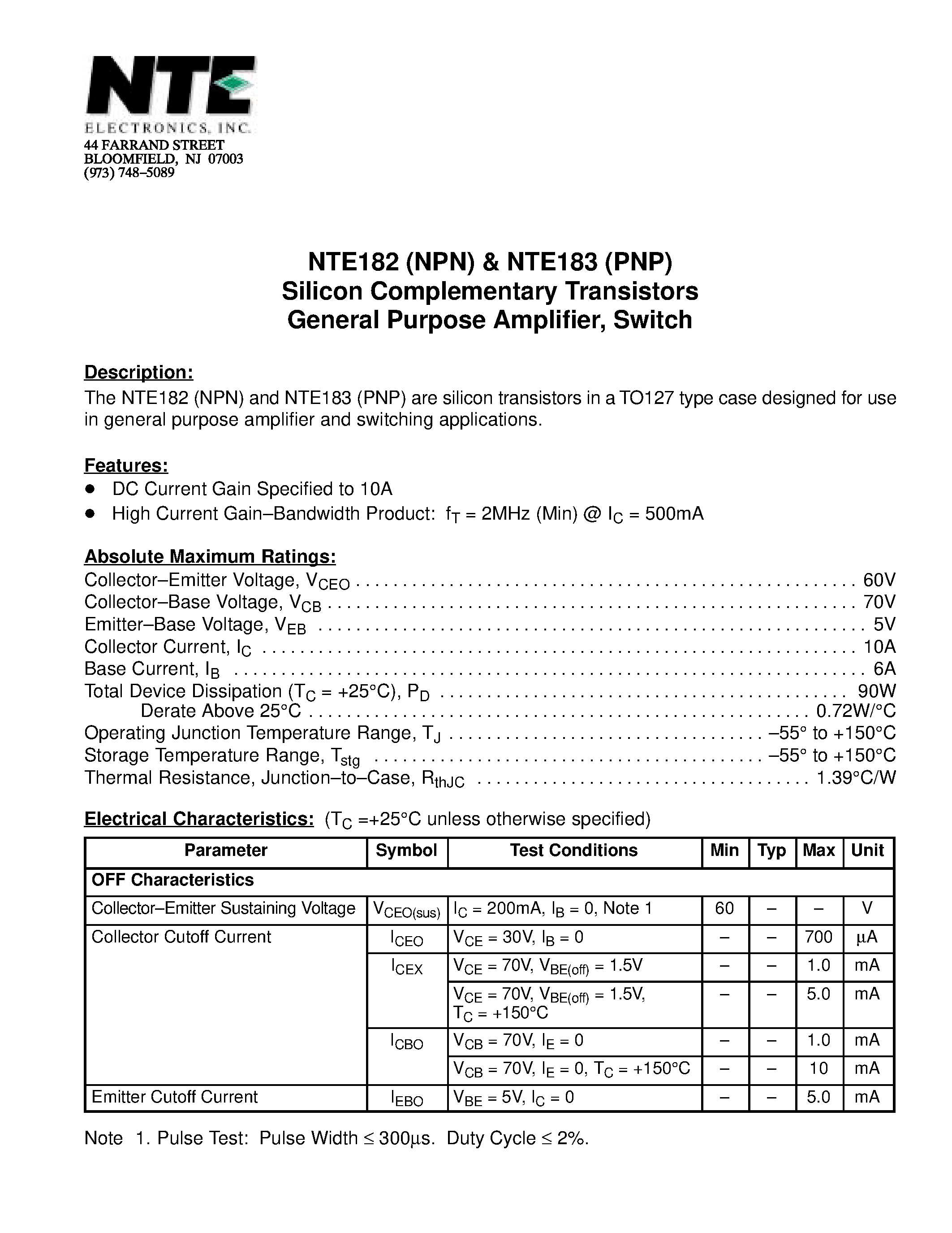 Datasheet NTE182 - Silicon Complementary Transistors General Purpose Amplifier / Switch page 1