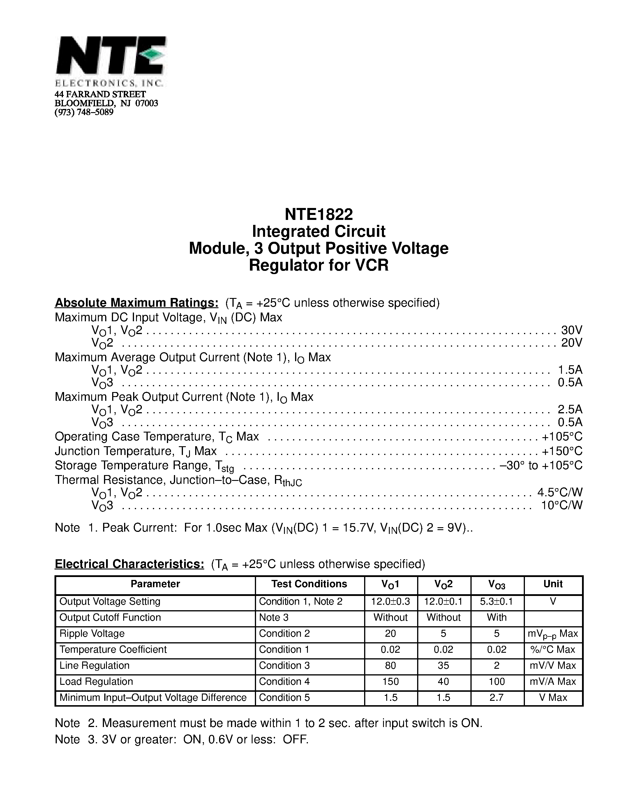 Datasheet NTE1822 - Integrated Circuit Module / 3 Output Positive Voltage Regulator for VCR page 1