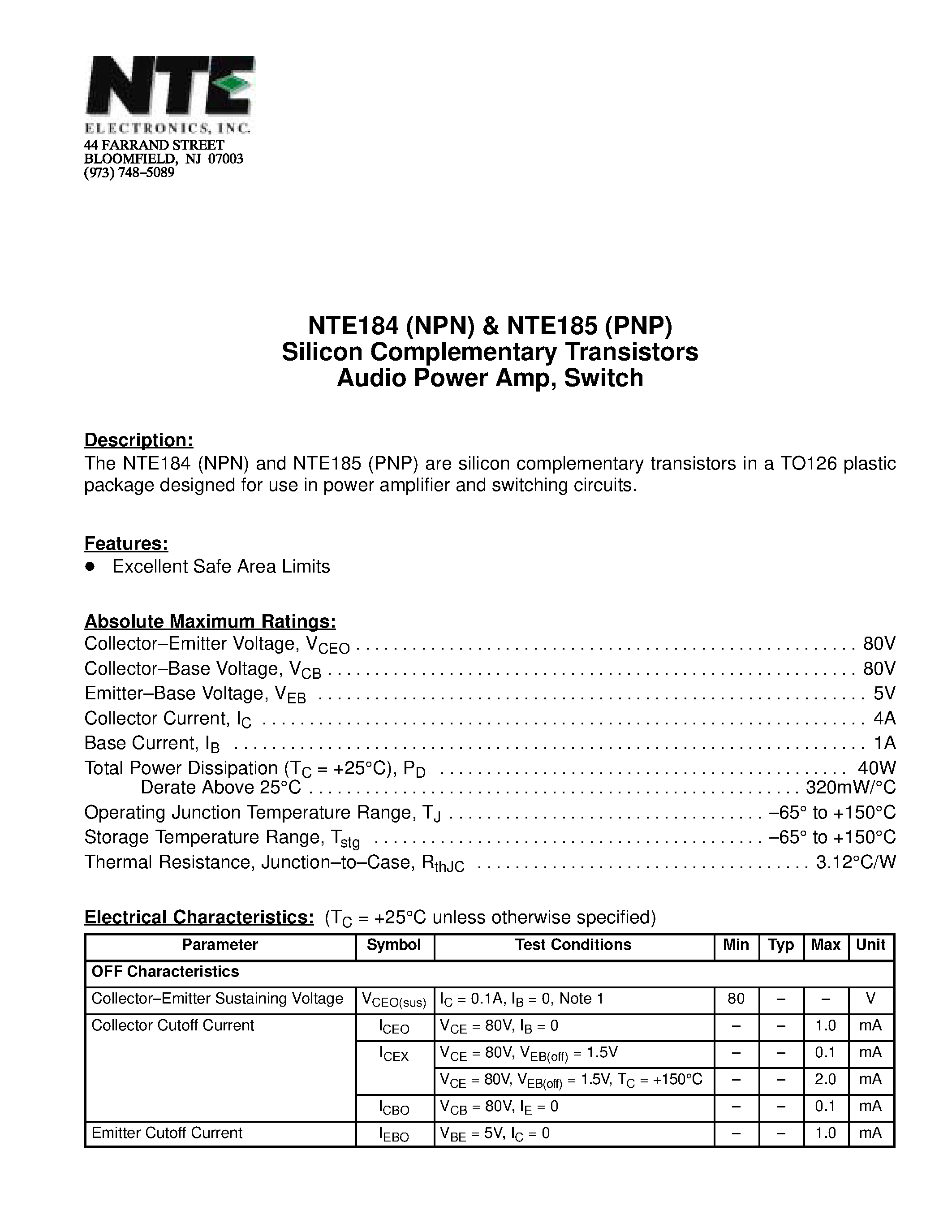Datasheet NTE184 - Silicon Complementary Transistors Audio Power Amp / Switch page 1