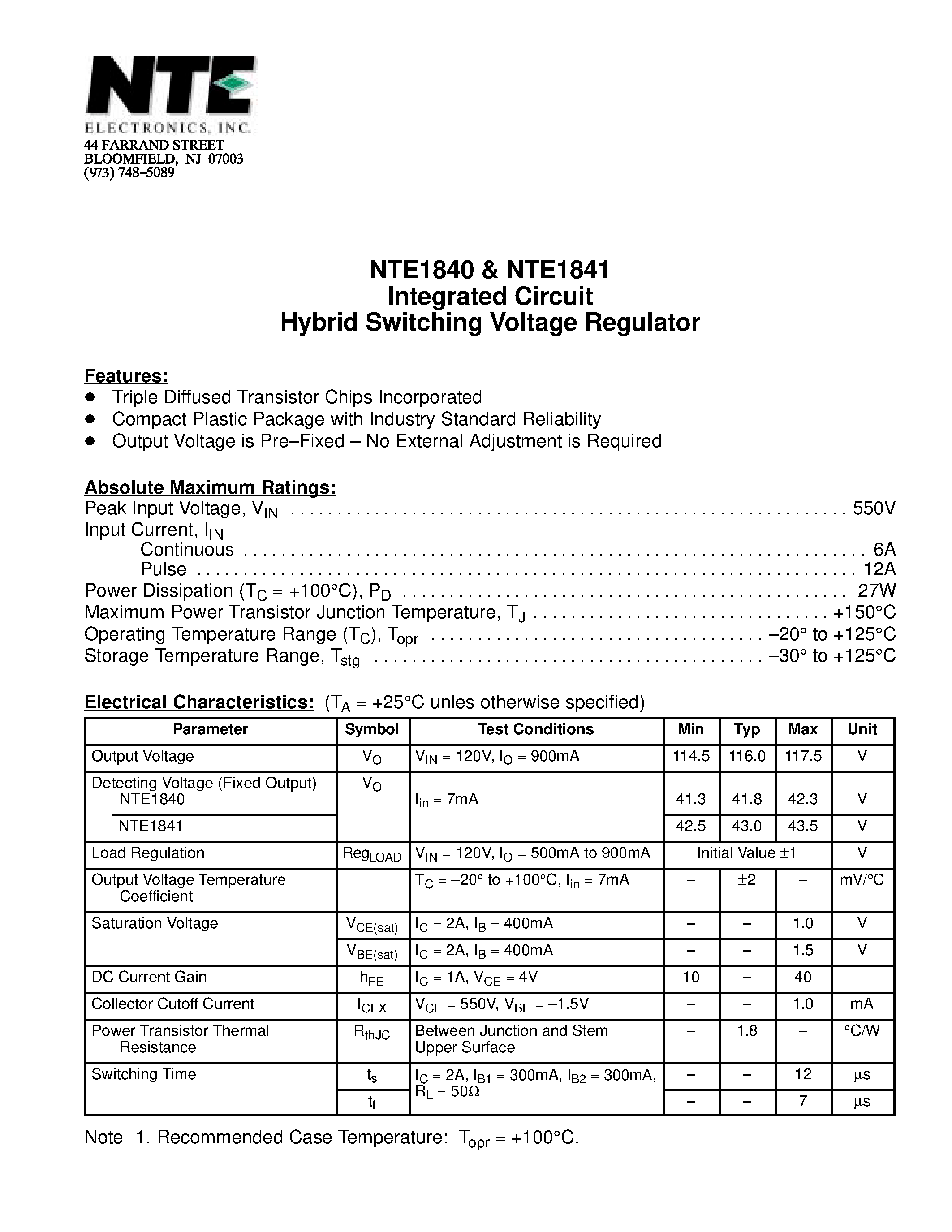 Datasheet NTE1841 page 1 Datasheet NTE1841 - Integrated Circuit Hybrid Switching Voltage Regulator page 1