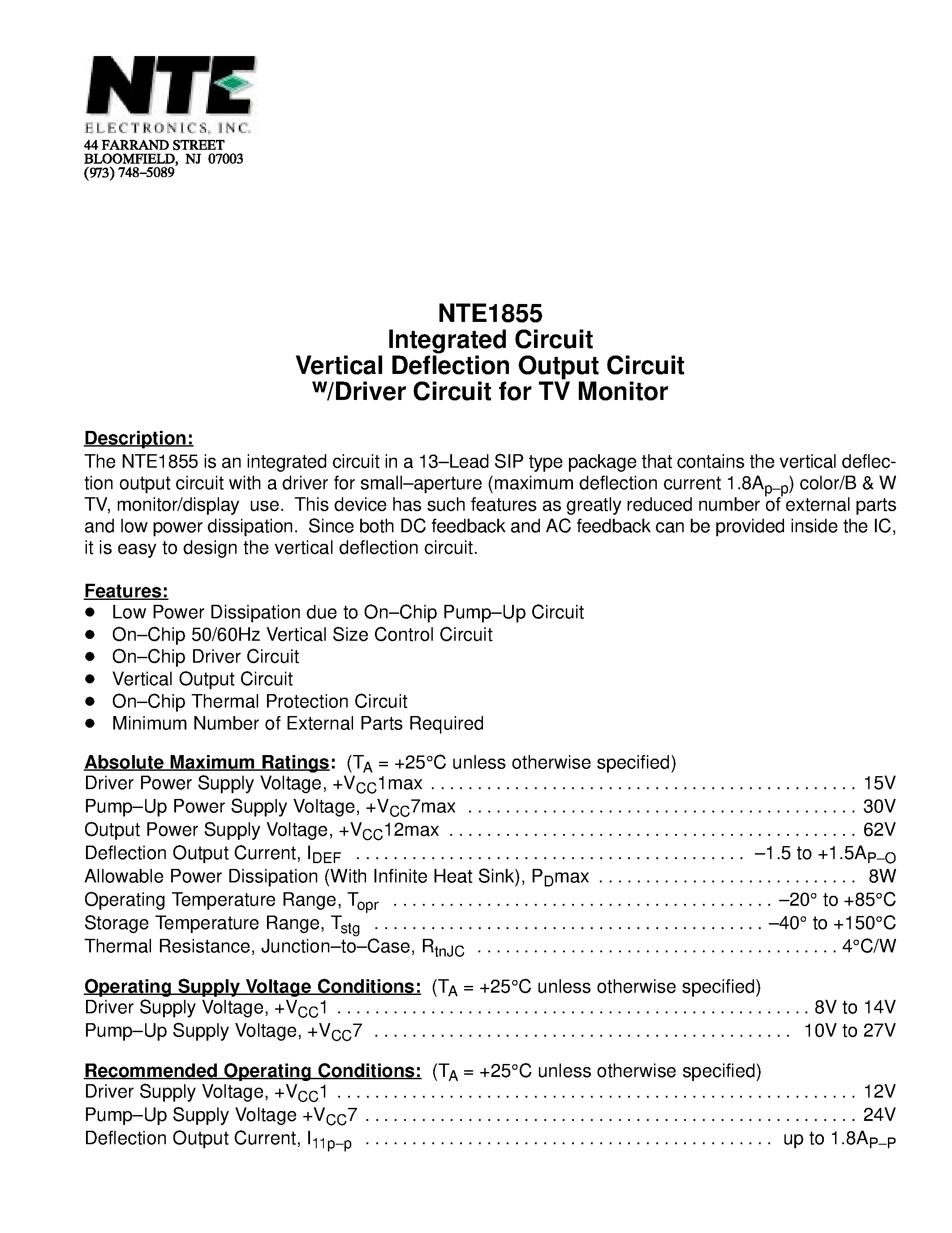 Даташит NTE1855 - Integrated Circuit Vertical Deflection Output Circuit w/Driver Circuit for TV Monitor страница 1