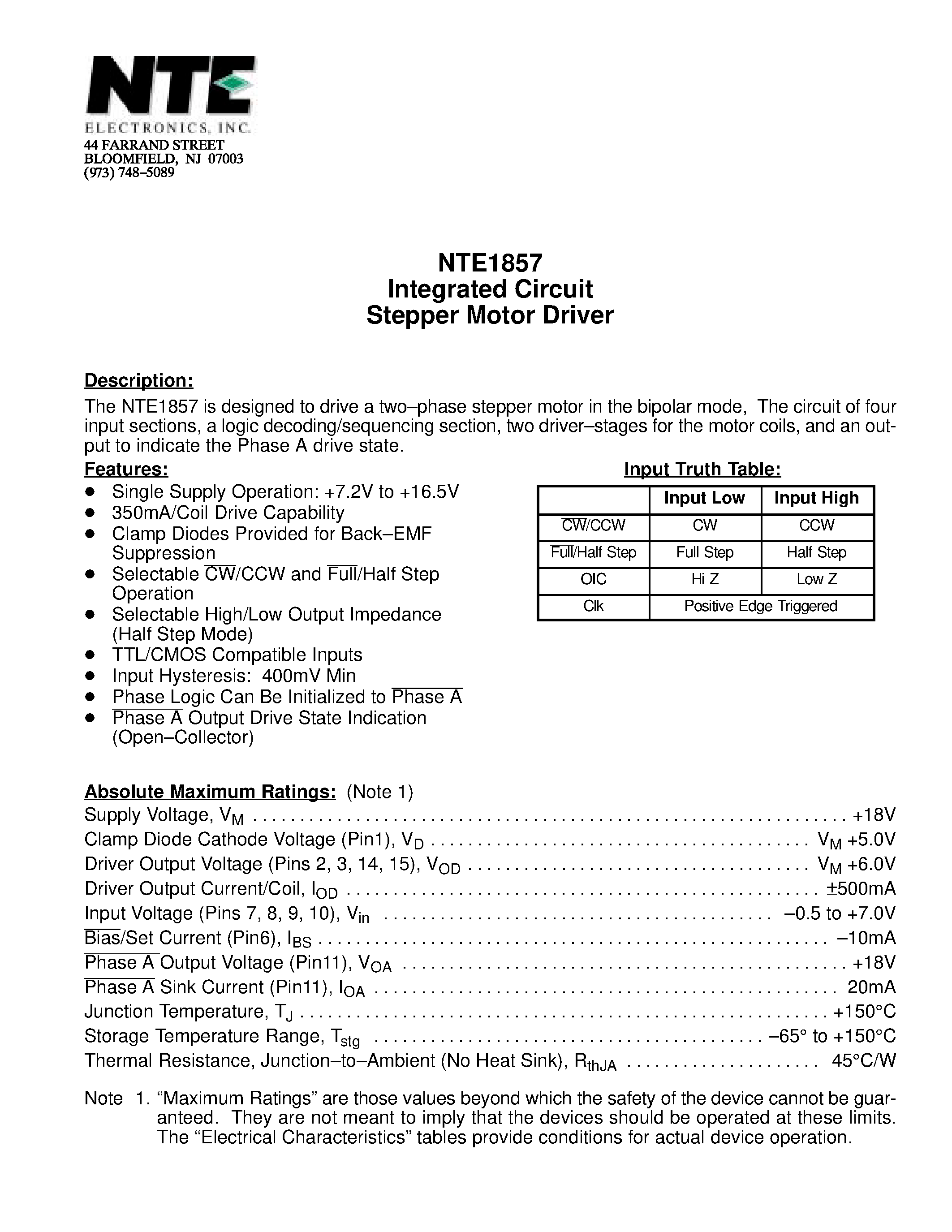 Даташит NTE1857 - Integrated Circuit Stepper Motor Driver страница 1