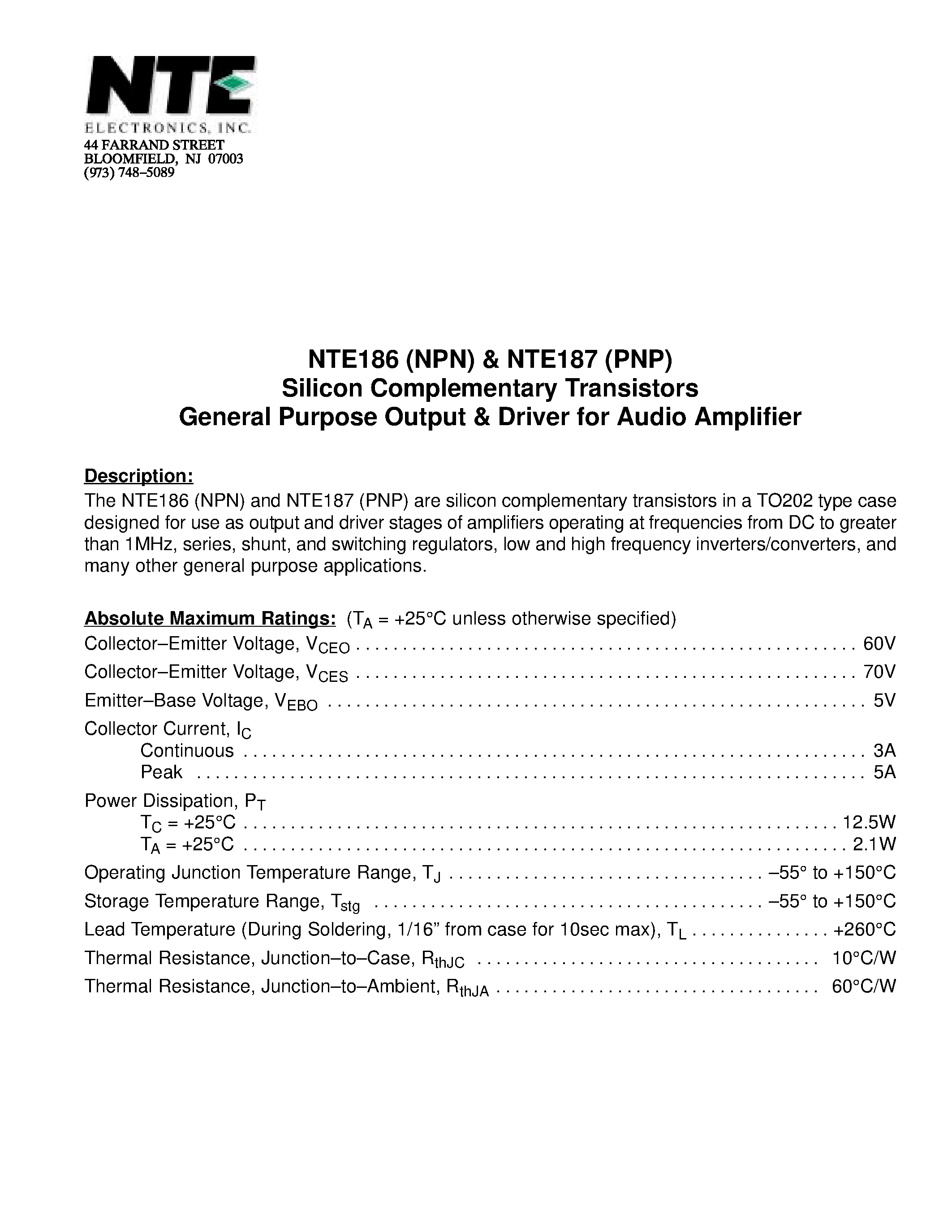 Datasheet NTE186 - Silicon Complementary Transistors General Purpose Output & Driver for Audio Amplifier page 1