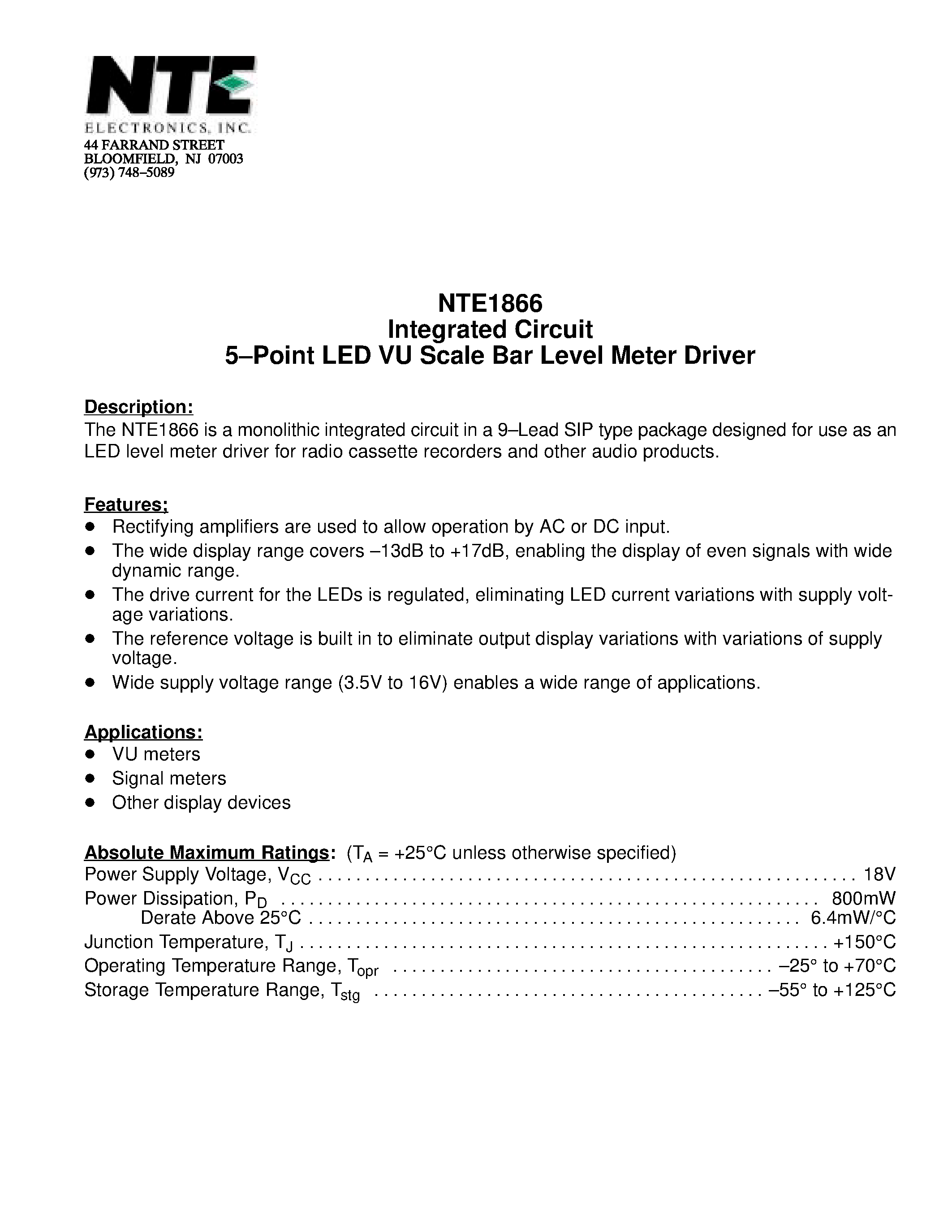 Datasheet NTE1866 - Integrated Circuit 5-Point LED VU Scale Bar Level Meter Driver page 1