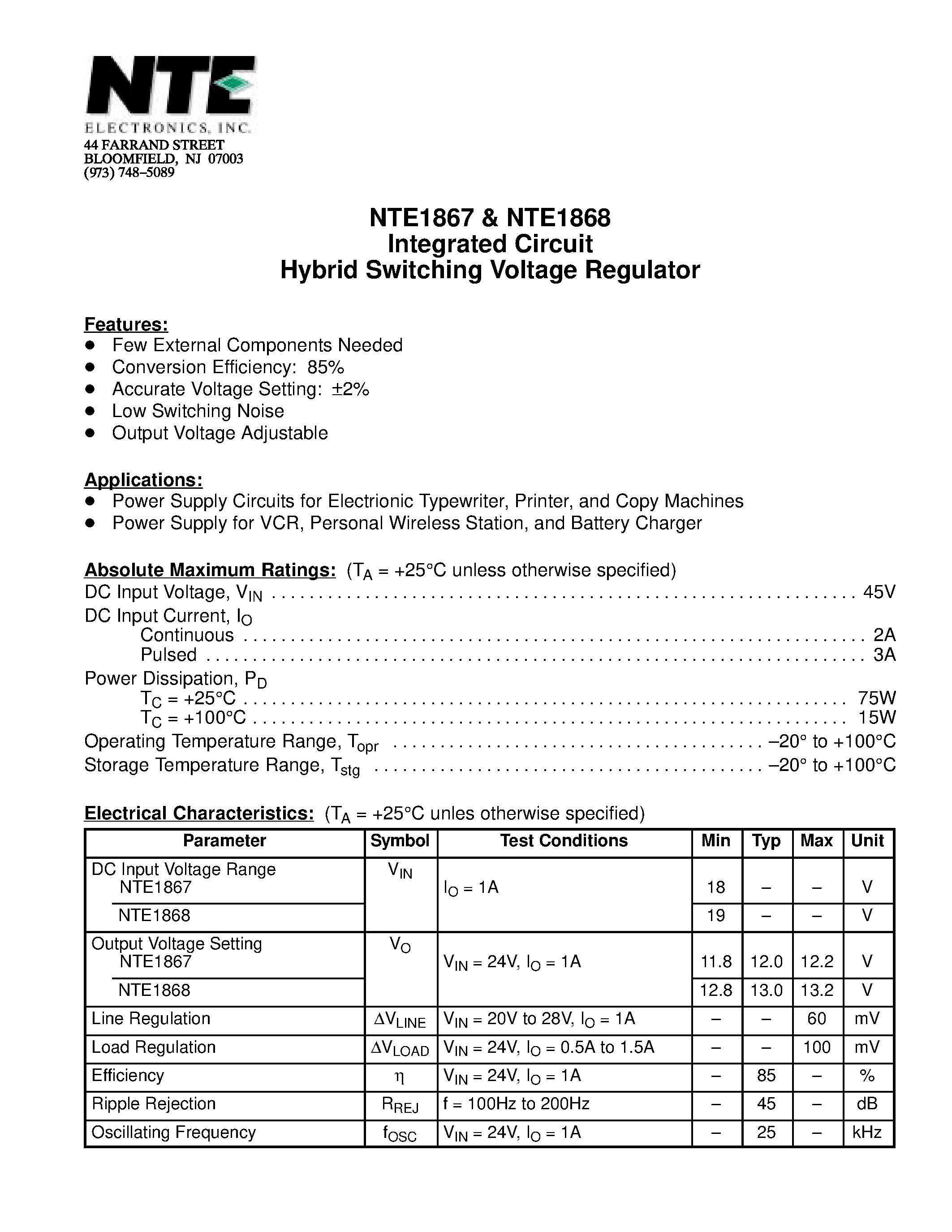 Datasheet NTE1868 page 1 Datasheet NTE1868 - Integrated Circuit Hybrid Switching Voltage Regulator page 1